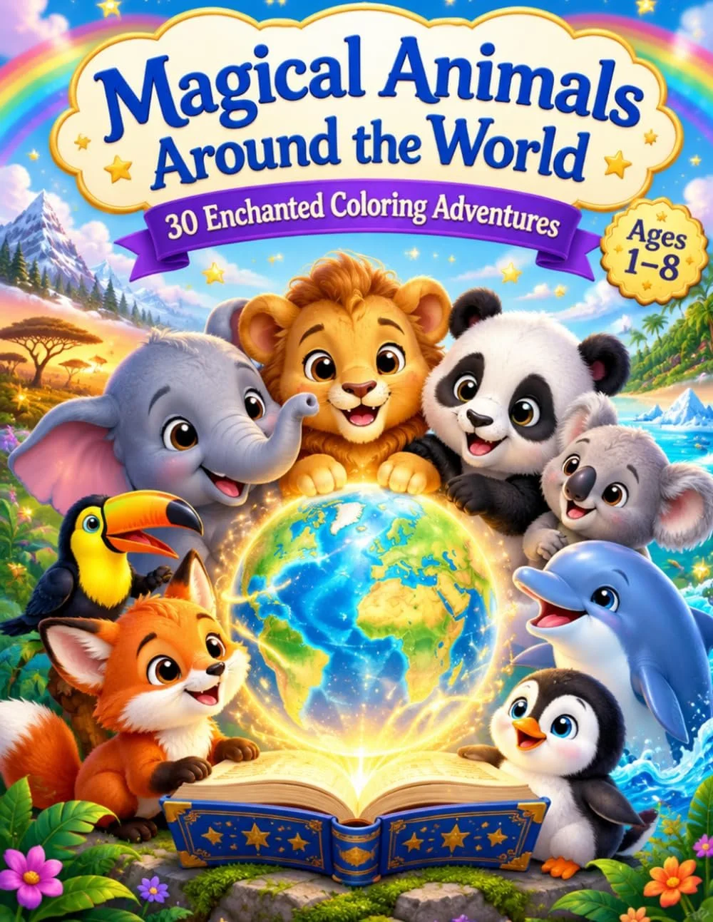 Cover of a children's coloring book titled 'Magical Animals Around the World' with various animated animals surrounding a glowing globe emerging from an open book, set against a vibrant landscape with mountains, trees, and a rainbow.