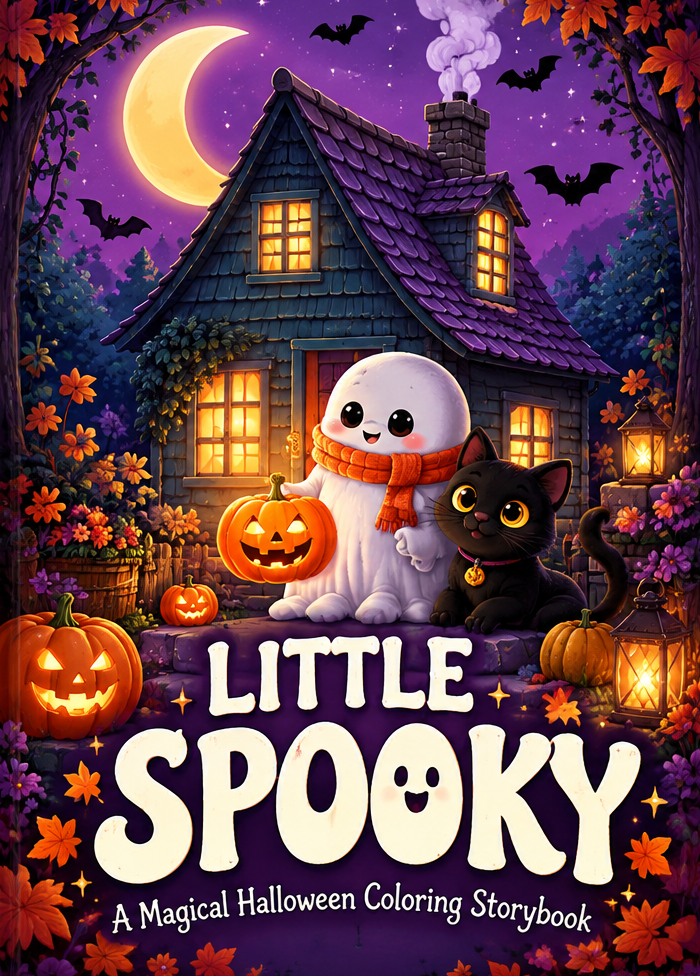 Colorful Halloween-themed book cover titled 'Little Spooky: A Magical Halloween Coloring Storybook'. Features a cute ghost holding a pumpkin-shaped lantern, a black cat with a bell, pumpkins, lanterns, and a haunted house with glowing windows under a purple night sky with moon and flying bats, surrounded by autumn leaves and flowers.