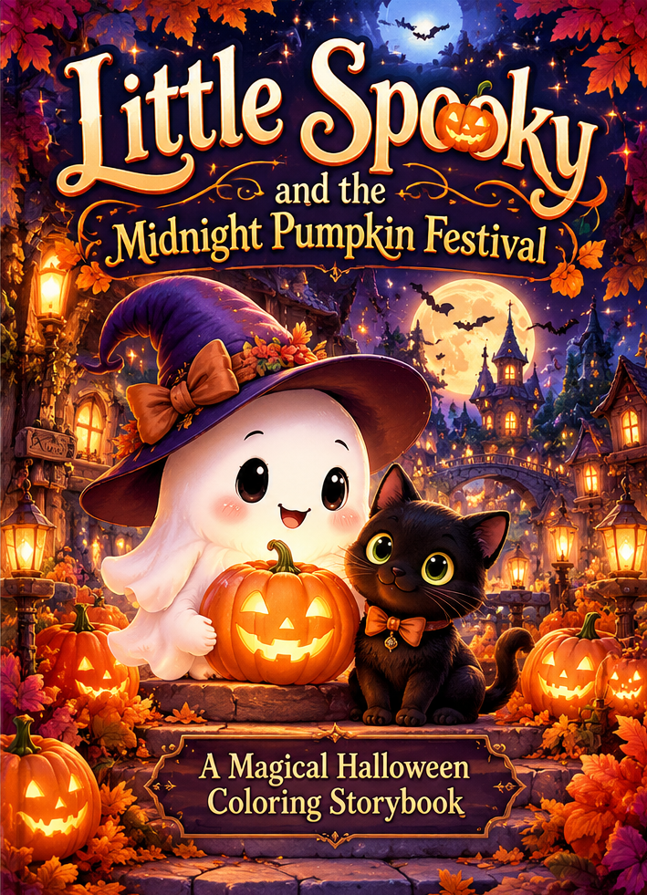 Colorful Halloween-themed coloring storybook cover titled 'Little Spooky and the Midnight Pumpkin Festival' featuring a cute ghost and black cat dressed for Halloween, surrounded by glowing jack-o'-lanterns, autumn leaves, and a whimsical village under a full moon with bats and a spooky castle in the background.