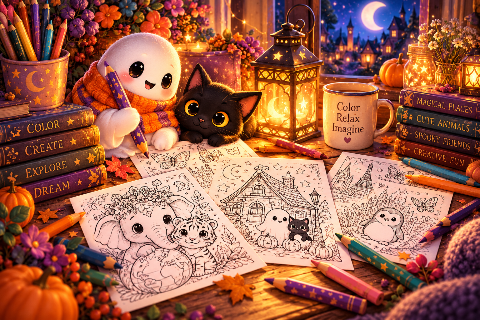 A cozy scene with a plush doll and a black cat surrounded by coloring pages, colored pencils, and books. The scene features warm lighting from lanterns and candles, pumpkins, flowers, and a window showing a twilight sky with a crescent moon and trees.