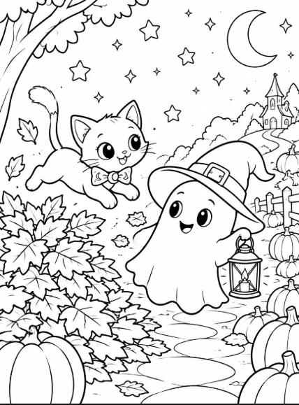 Midnight Pumpkin Festival coloring page featuring Little Spooky, a playful cat, pumpkins, autumn leaves, stars, and a crescent moon.