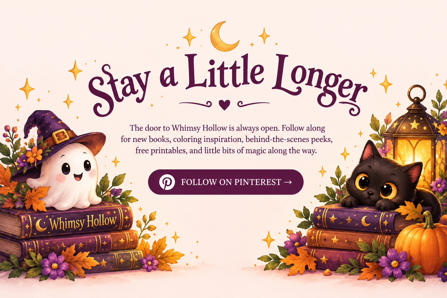 Halloween-themed illustration promoting Whimsy Hollow with a cute ghost wearing a purple witch's hat, a black cat, books, pumpkins, autumn leaves, flowers, and a lantern, with text encouraging following on Pinterest.