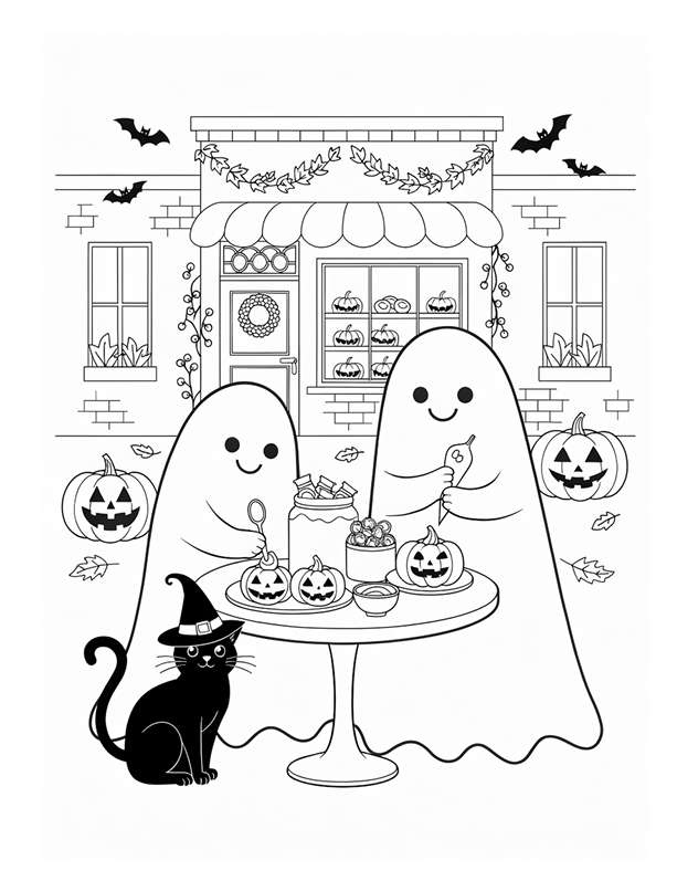 Halloween-themed scene featuring two ghosts at a table with carved pumpkins, a black cat wearing a witch hat, and bats flying around a house with decorated windows and a door.