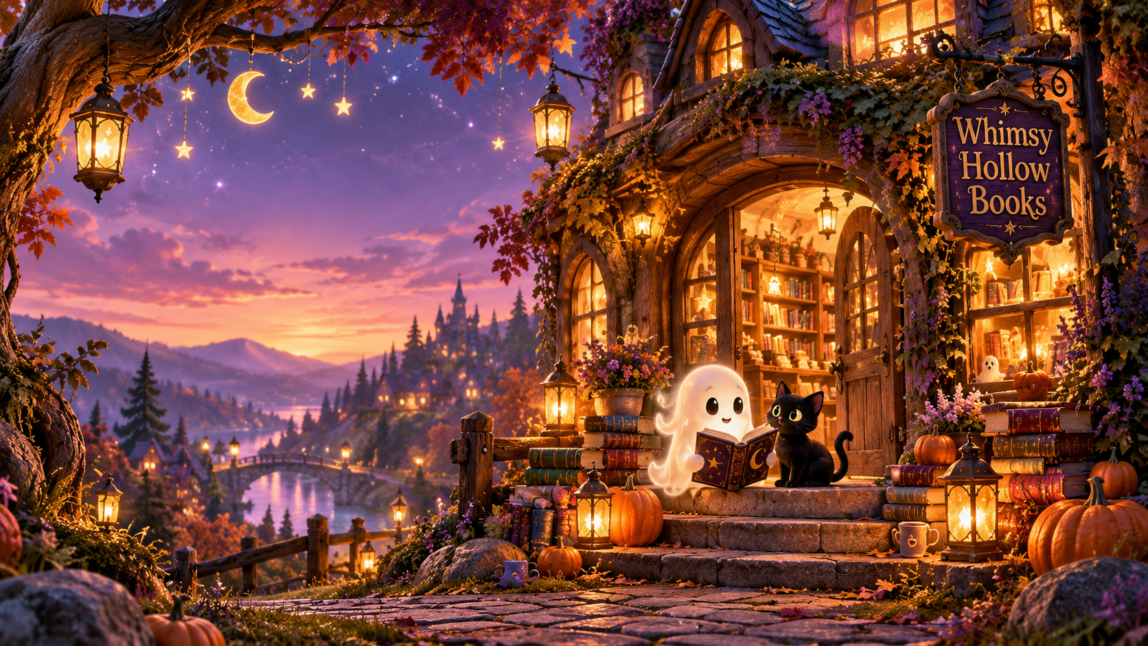 A magical outdoor bookstore named Whimsy Hollow Books at sunset. The shop is decorated with pumpkins, lanterns, and hanging star and moon ornaments. Inside, glowing bookshelves illuminate the cozy scene where a cute ghost reading a book and a black cat sit on the steps. The background features a scenic view of a river, bridge, and distant castle with mountains and a colorful sky.