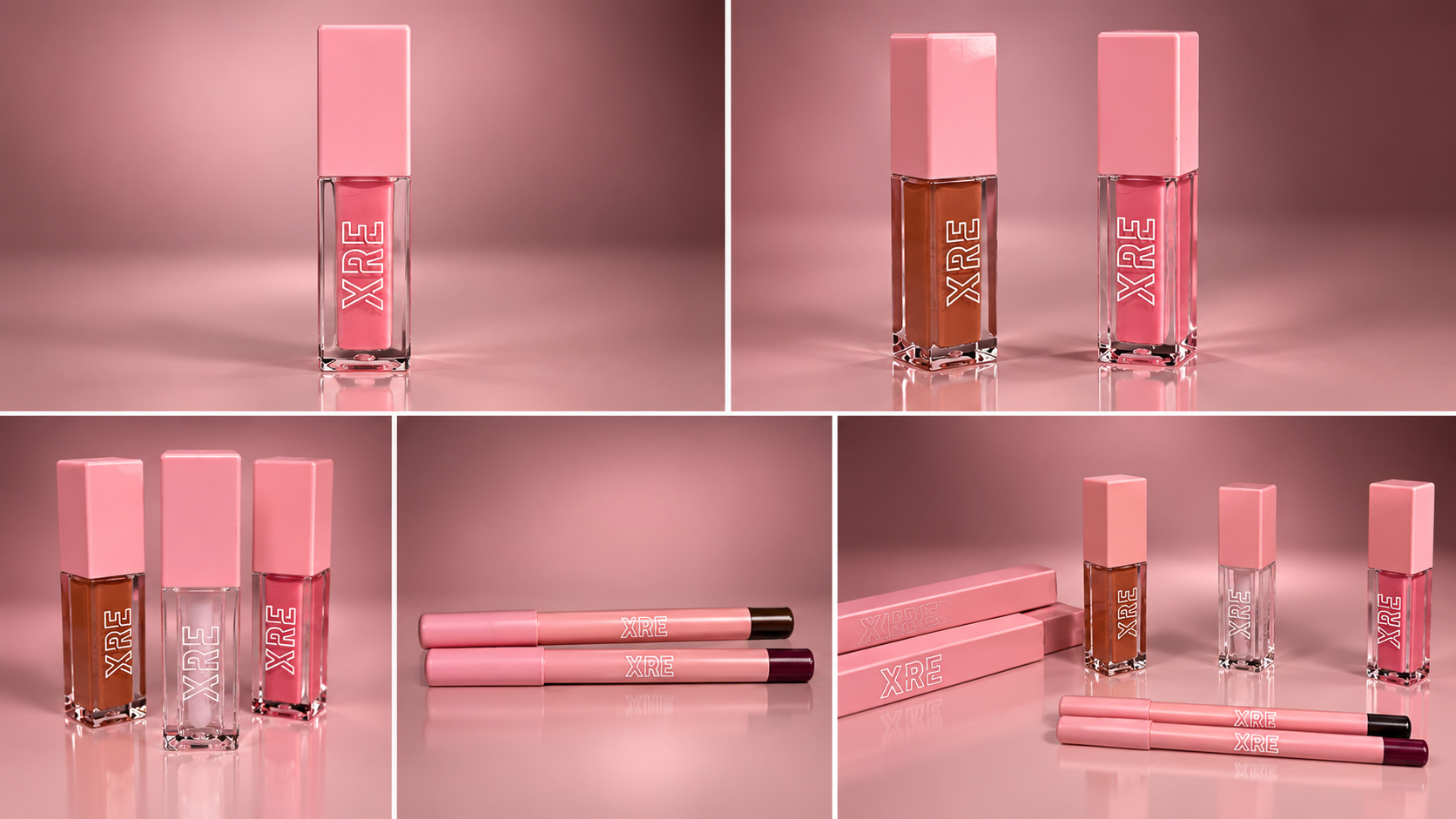 A collage of lip gloss products with pink packaging, including three lip gloss bottles, two pink and one clear, with 'XRE' branding, and two pink lip gloss pens, set against a pink background.
