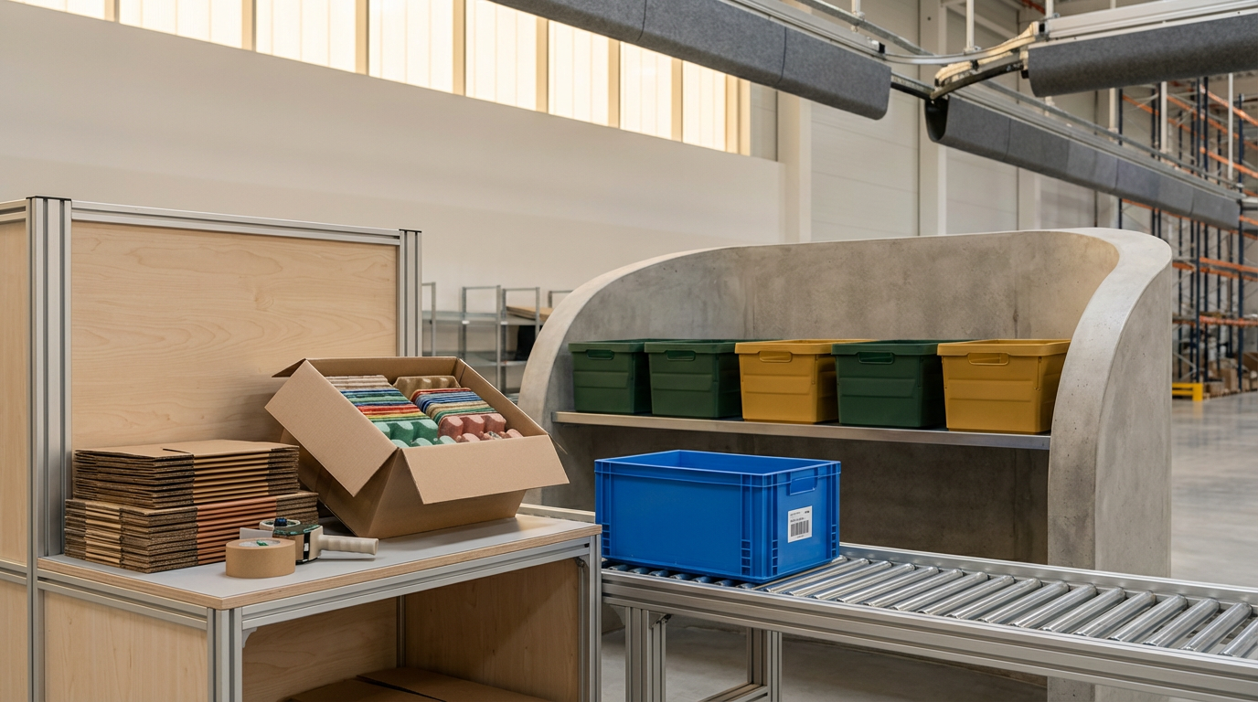 Warehouse with a conveyor belt, storage bins, cardboard boxes, and packing materials in a spacious industrial setting.