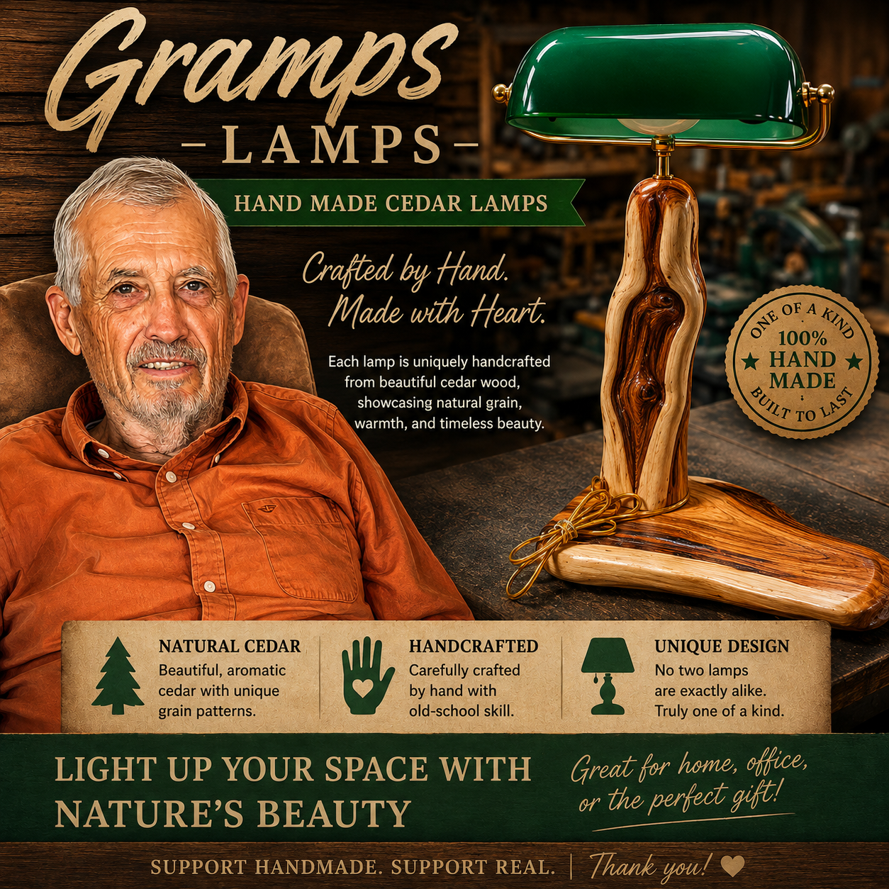 An advertisement for handcrafted cedar lamps featuring a smiling elderly man with white hair and a beard, wearing an orange shirt. The ad highlights the lamps' natural cedar wood, unique handcrafted design, and the fact that each lamp is one of a kind. The lamps are shown with a green lampshade and a wooden base. The background appears to be a woodworking shop. Text emphasizes the craftsmanship, natural beauty, and the lamps' suitability for home, office, or gift use.