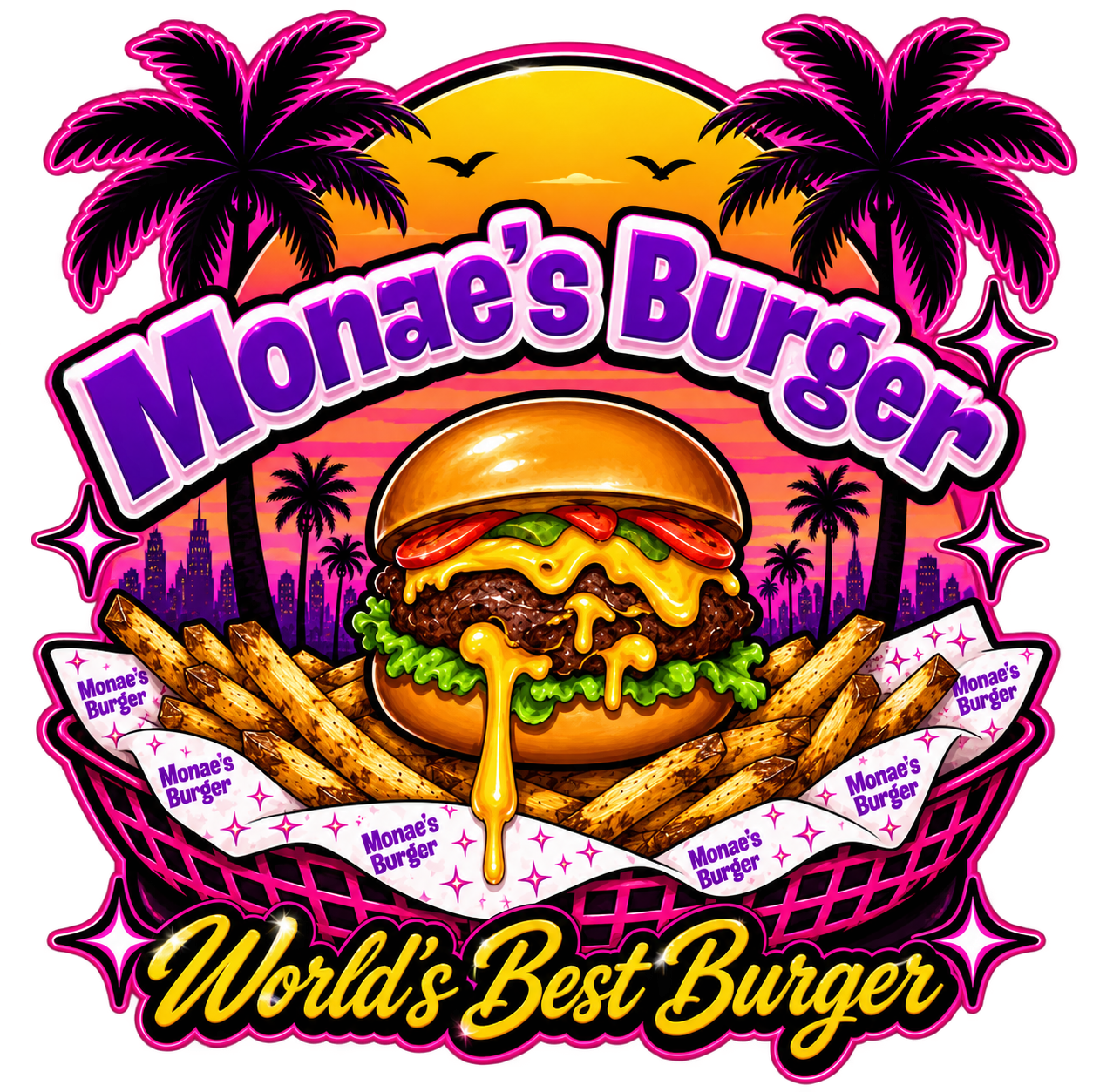 Colorful logo for Monae's Burger with a large cheeseburger surrounded by French fries, palm trees, and a city skyline at sunset. Text reads 'Monae's Burger' and 'World's Best Burger' with neon-style font.