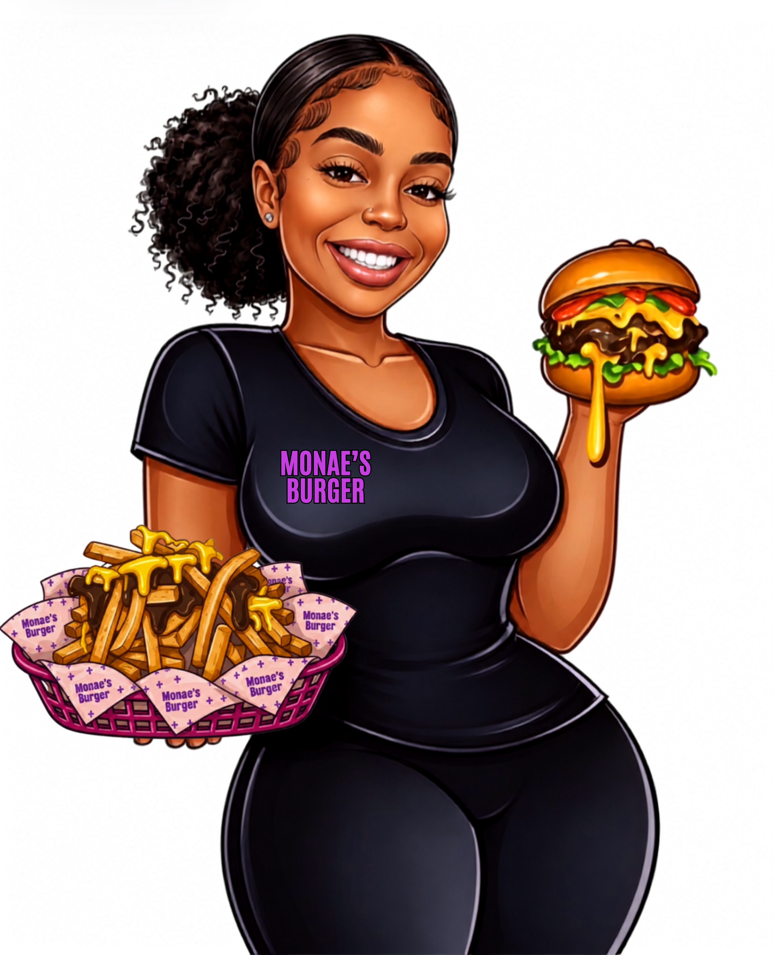 Cartoon woman with dark hair in a ponytail and natural makeup, holding a basket of fries labeled Monae's Burger, and a cheeseburger with toppings labeled Monae's Burger.