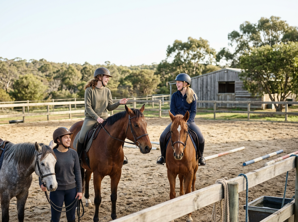 Group of riders and horses gathered in a sand arena, with two riders mounted and others standing alongside