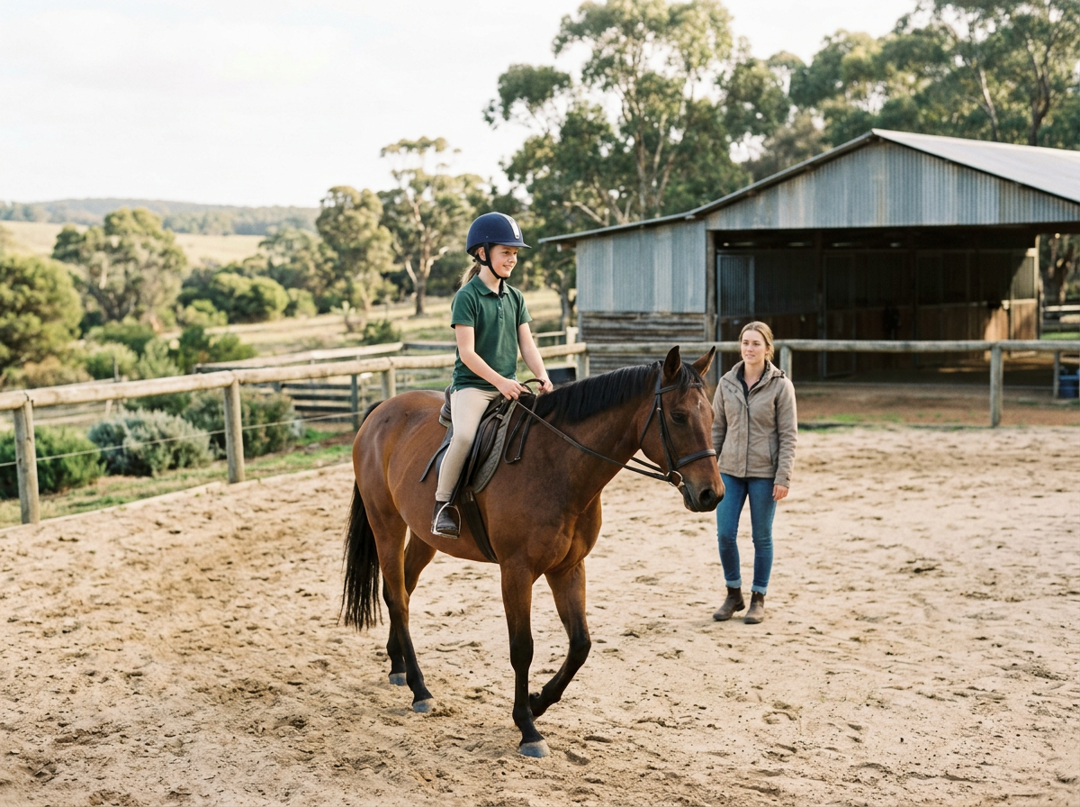 Young rider in a helmet sitting on a bay horse in a sand yard while an instructor stands nearby