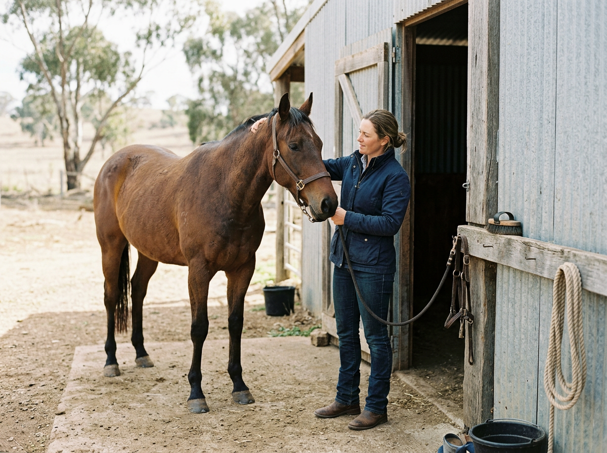 Woman patting a bay horse at the door of a wooden stable