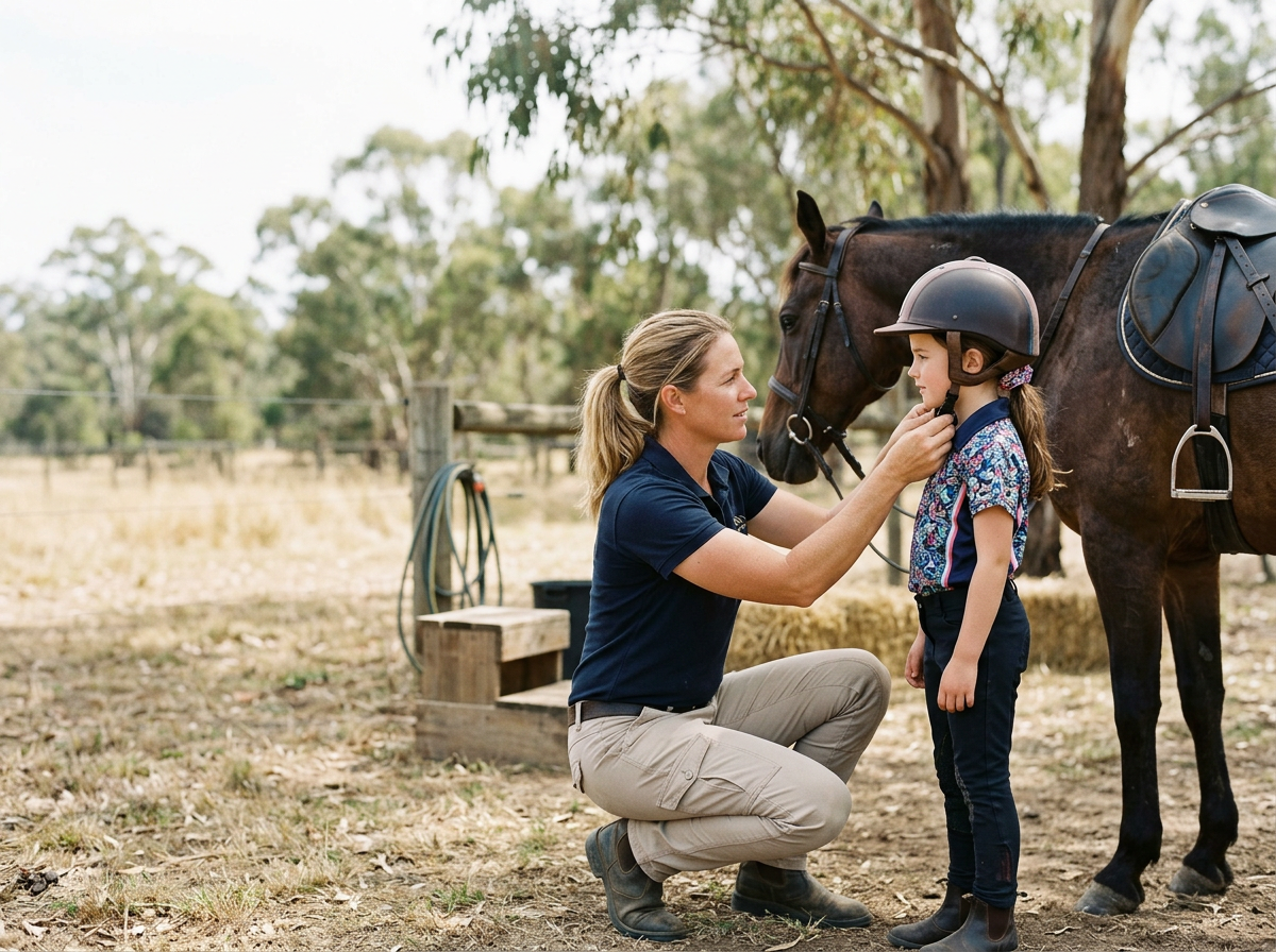 Instructor crouching to check the chin strap of a young rider's helmet beside a saddled dark horse