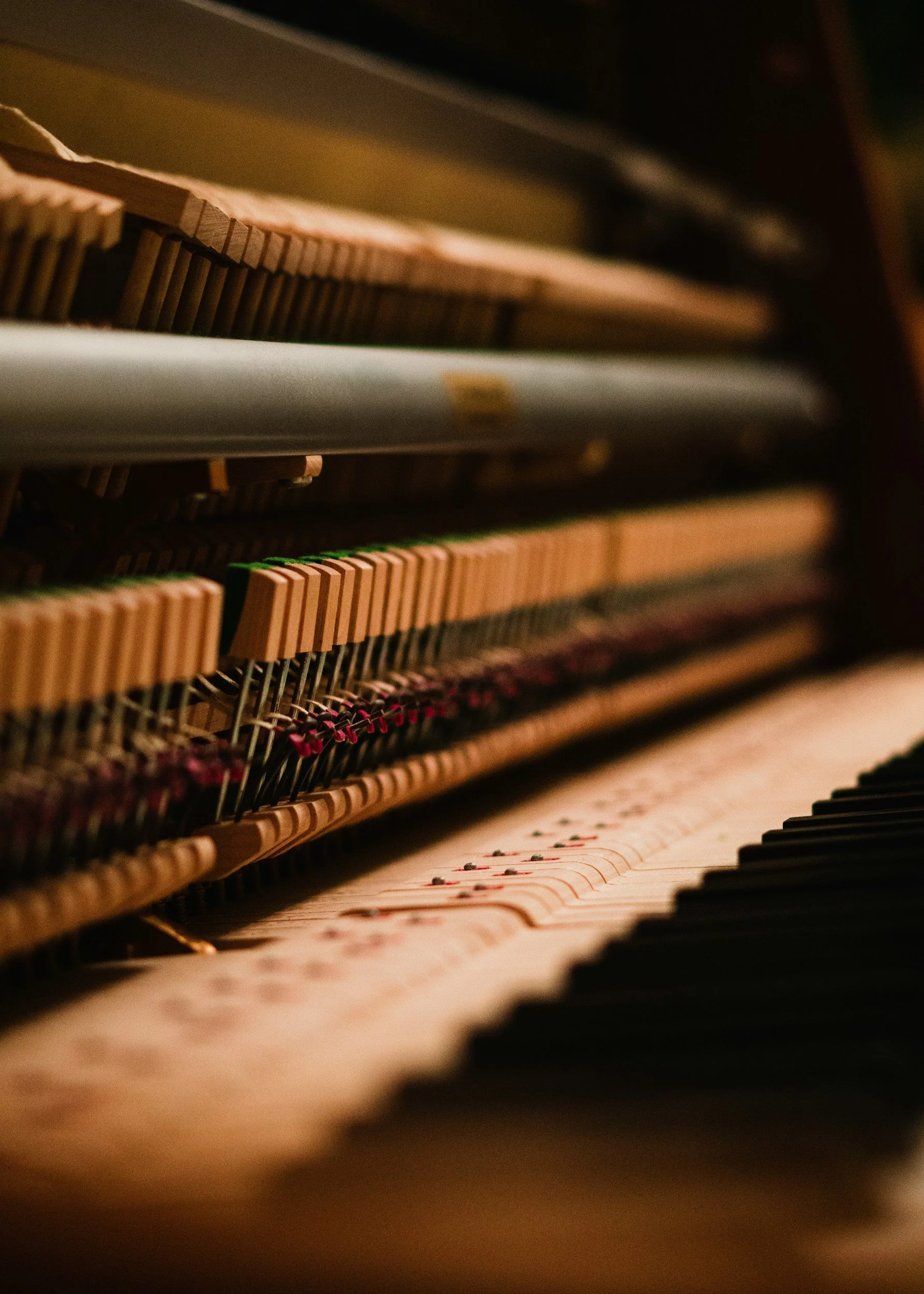 Close-up of the inside of an upright piano showing the strings, hammers, and wooden components.