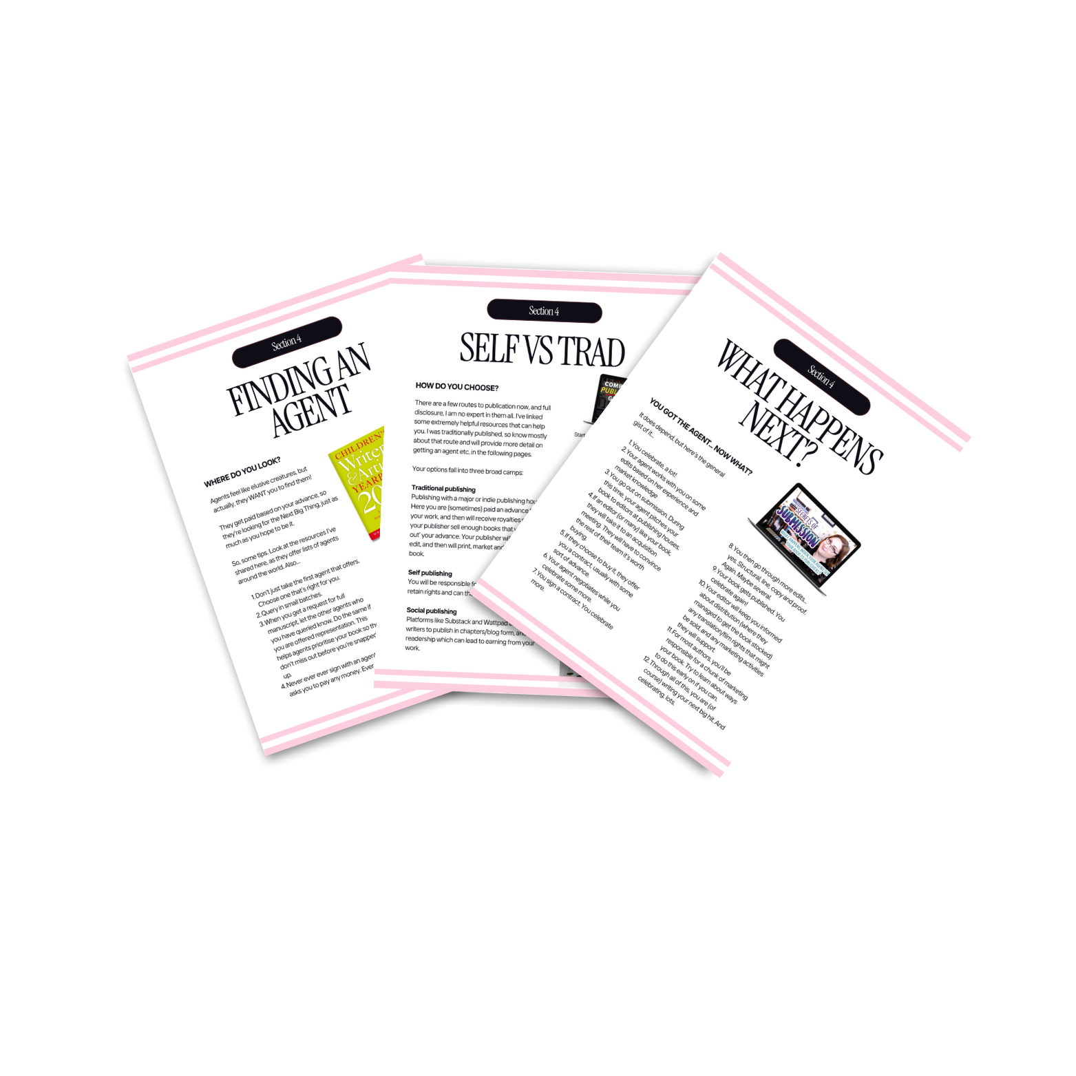 A set of three printed pages from a guide or booklet with section 4 titles: 'Finding an Agent', 'Self vs Trad', and 'What happens next?'. The pages contain various text, headings, and a small image.