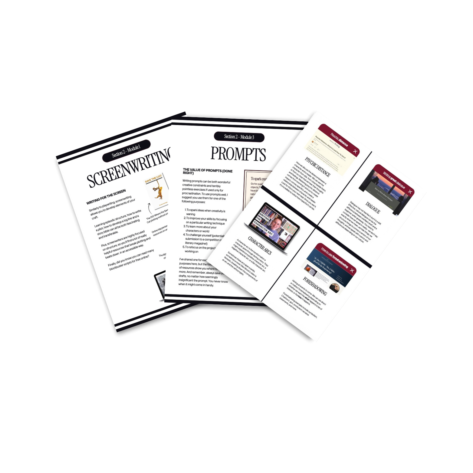 Multiple digital and printed pages related to screenwriting, prompts, and storytelling, displayed against a black background.
