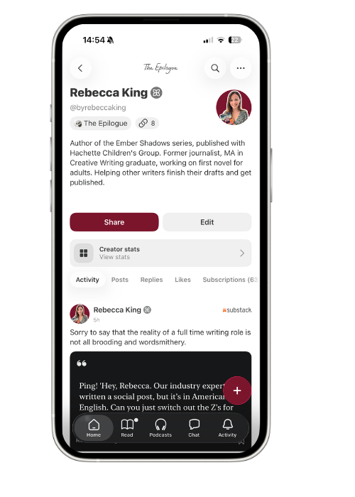 Screenshot of a mobile device displaying Rebecca King's profile page on a social media app, including her profile picture, bio, activity posts, and navigation icons at the bottom.