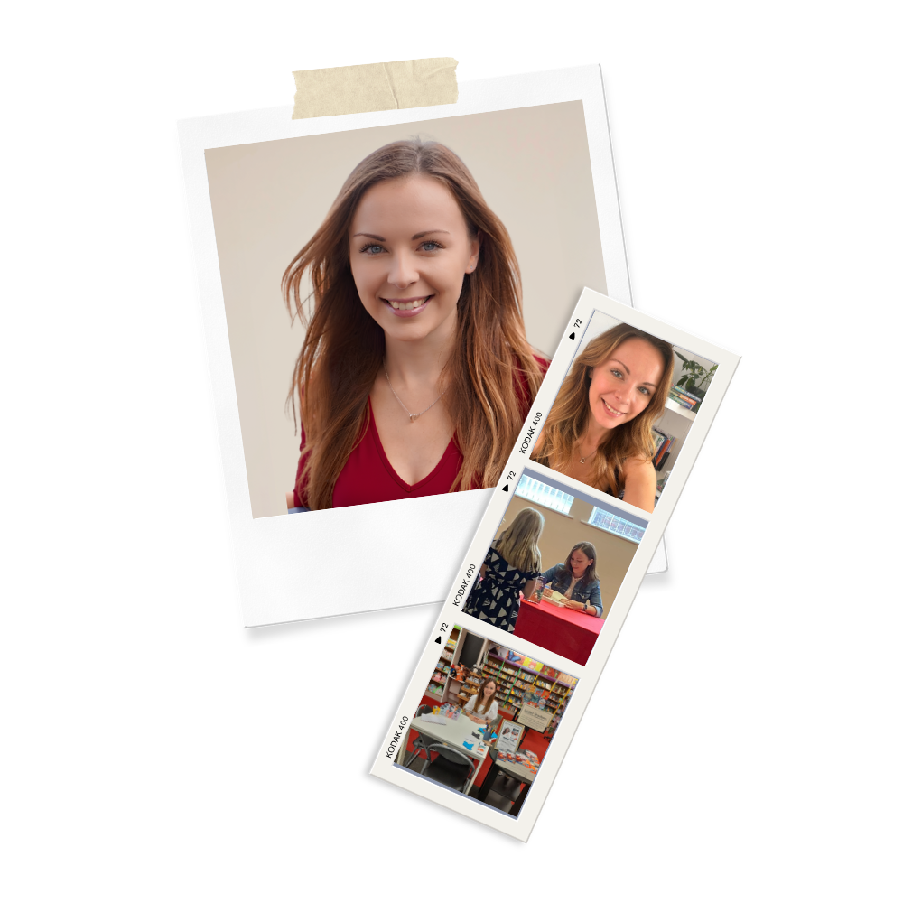 A smiling young woman with long, wavy brown hair wearing a red top, in a close-up portrait photograph. Additionally, there are four smaller photos showing the same woman in various settings, including face shots, a conversation at a table, and a woman shopping in a store.