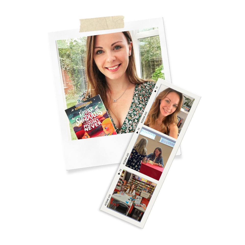 Polaroid photos featuring a smiling woman, including a close-up selfie and images of her with children in a library or classroom setting.