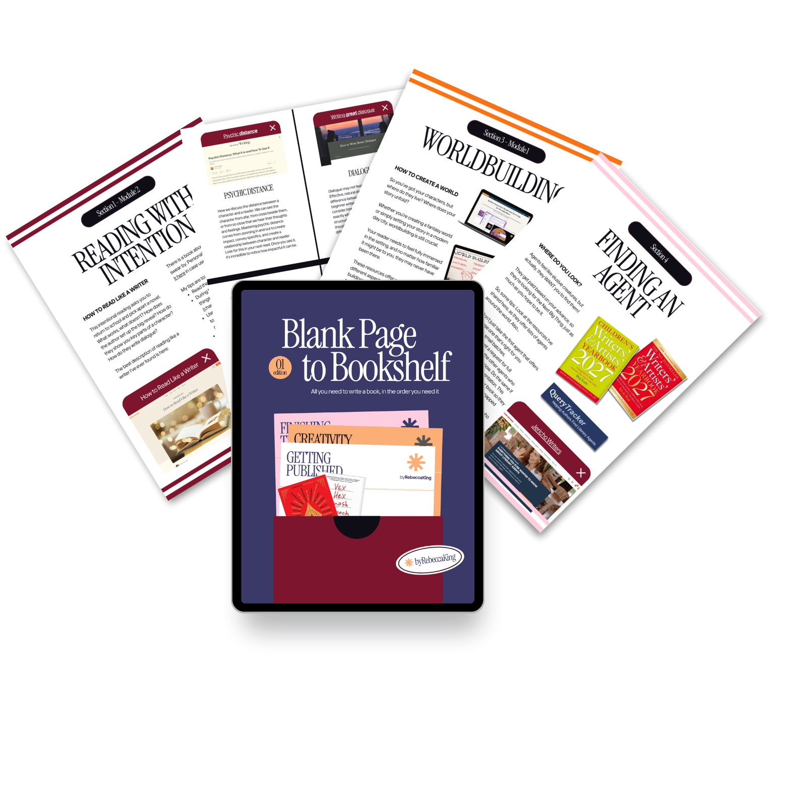 A digital tablet displays the cover of a book titled "Blank Page to Bookshelf by Rebecca King" alongside several printed pages with writing advice and information about writing and publishing.