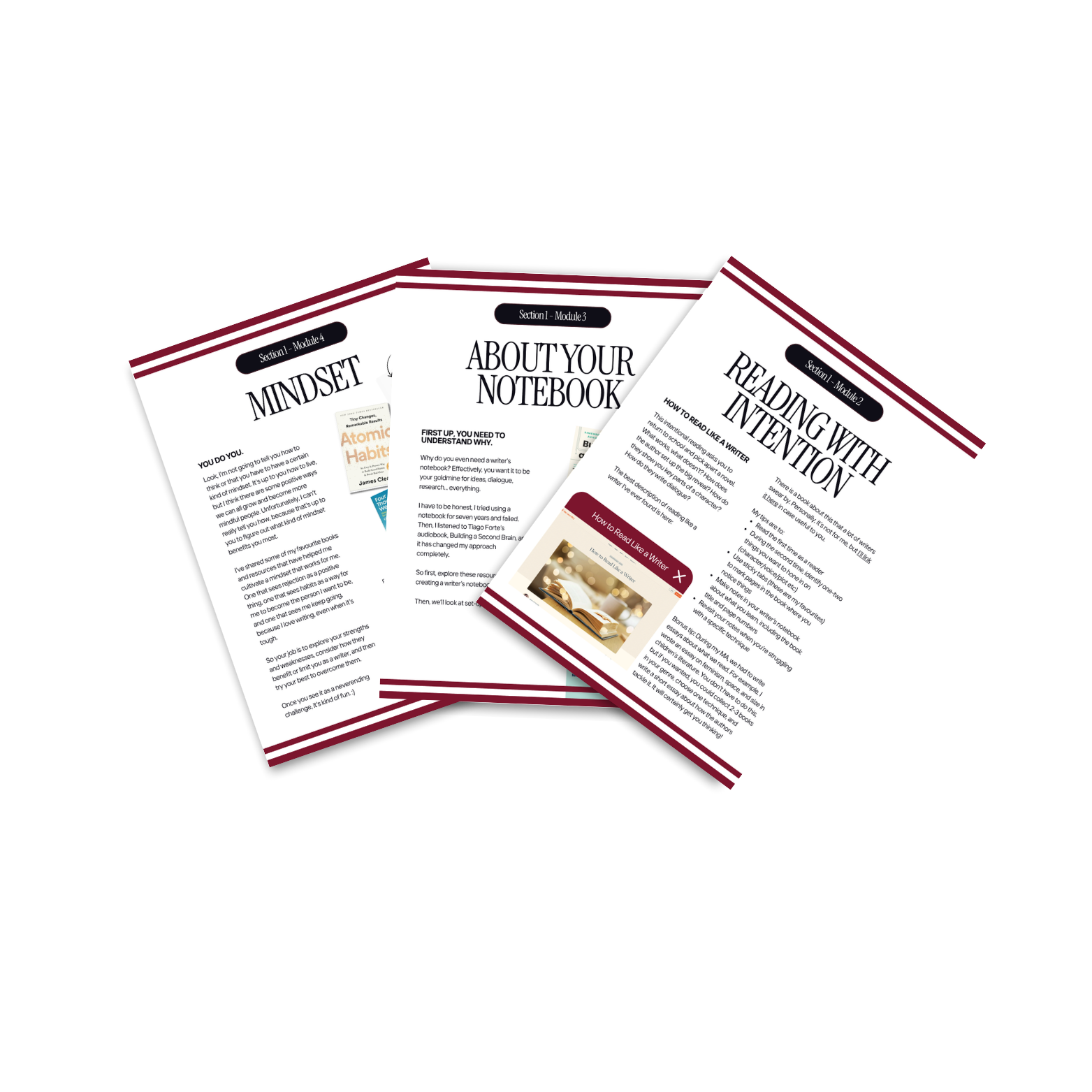 Open booklet pages titled 'Mindset', 'About Your Notebook', and 'Reading with Intention', with sections and text about writing, mindset, and reading strategies.
