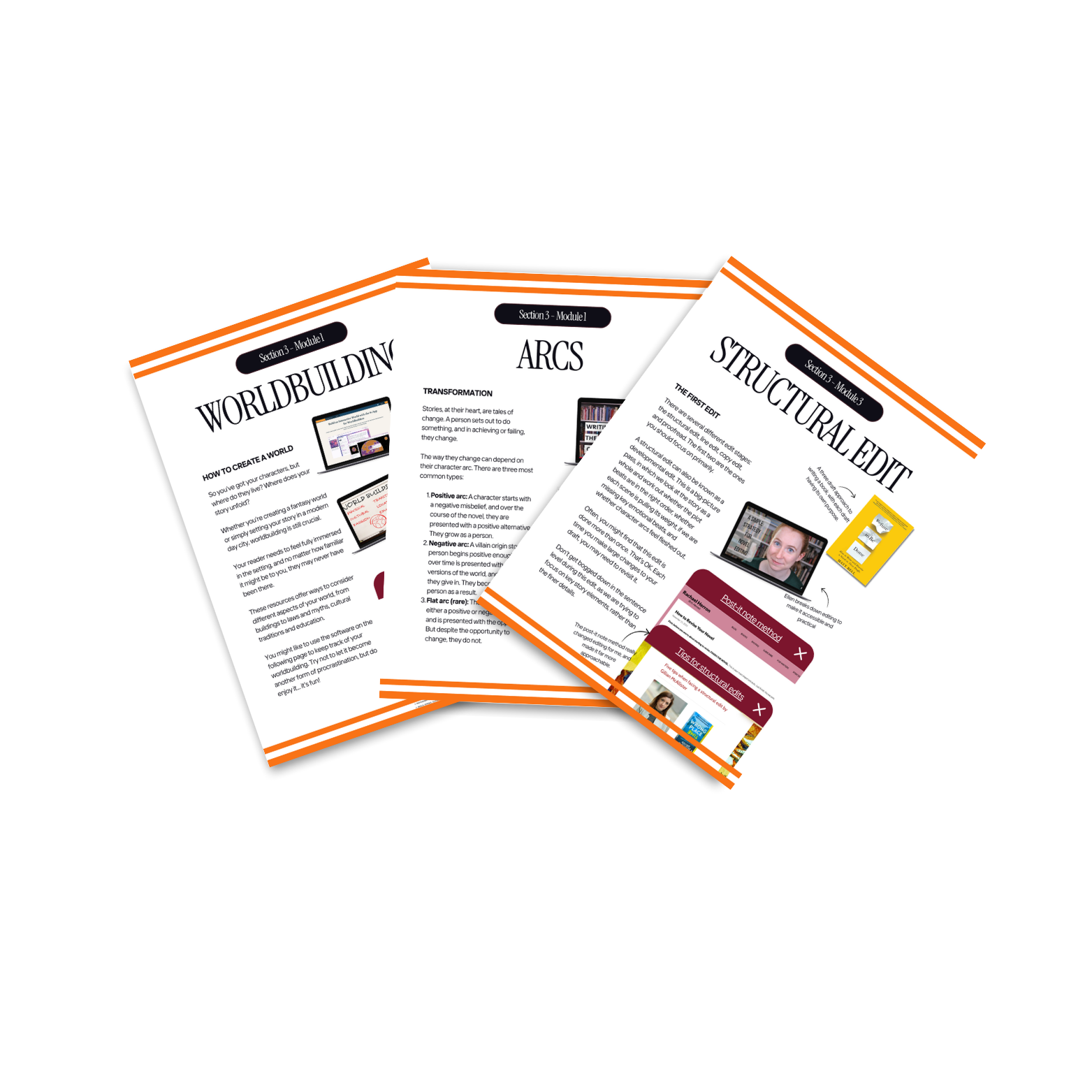 A collection of pages from a guide on storytelling and story structure, titled "Worldbuilding," "ARCS," and "Structural Edit." The pages contain headings, text, images of books and a woman speaking, with some mention of story transformation, character arcs, and editing tips.