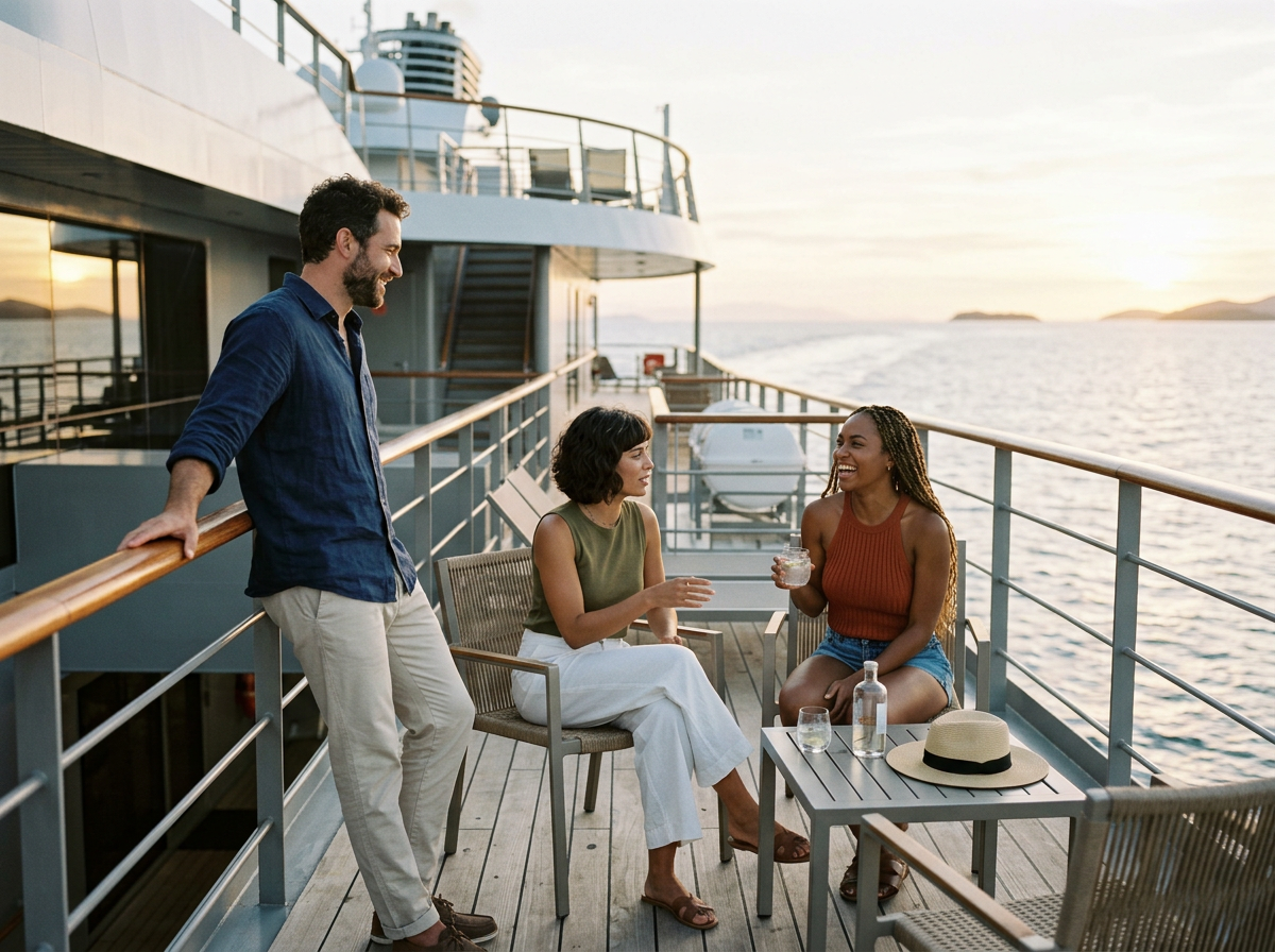 Three friends on a cruise ship balcony chatting and laughing during sunset. One man stands, holding the railing, while two women sit at a small table, drinking and smiling.