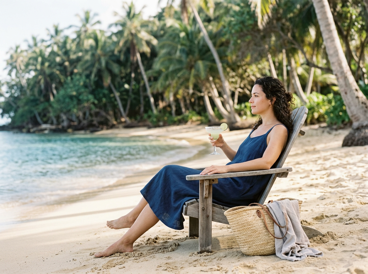 Woman relaxing on a wooden beach chair on sandy shore, holding a cocktail glass with lime wedge, near tropical palm trees and calm ocean in background.