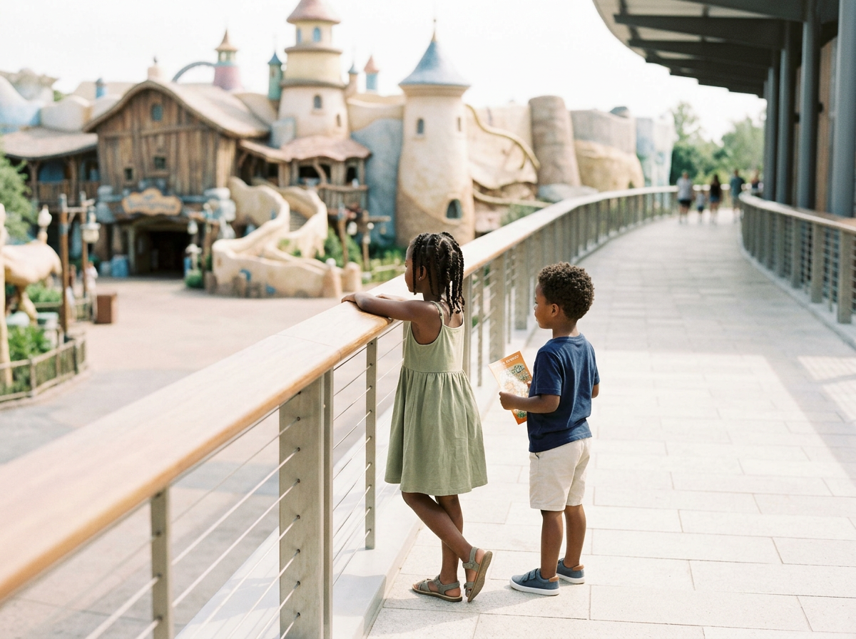 Two children, a girl and a boy, standing on a pathway inside a theme park near a castle, with the girl leaning on the railing.