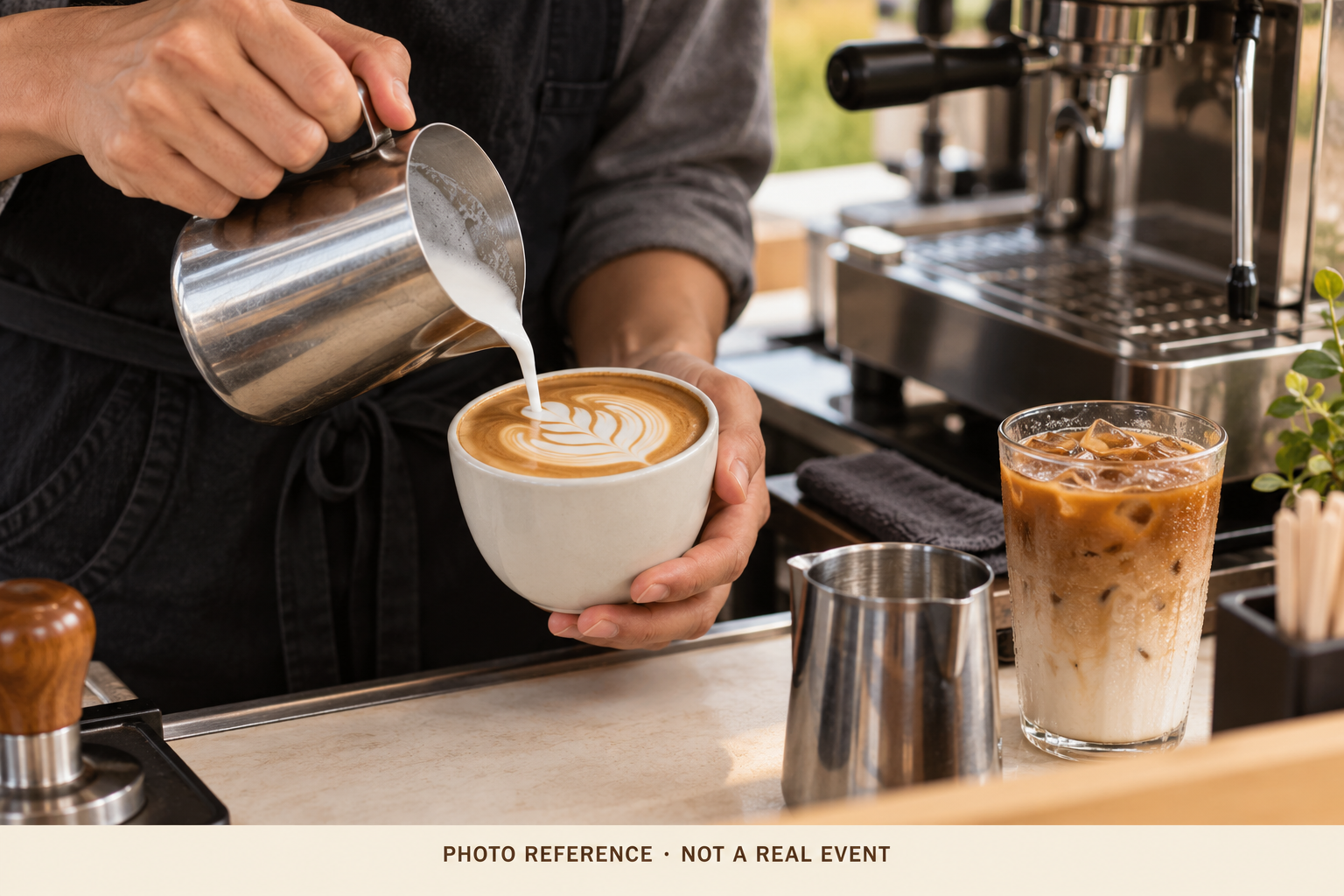 Photography reference: barista pouring latte art beside an iced latte. AI concept, not a real COFFEE1900 event. Replace with an authentic preparation photo.