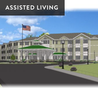 Illustration of an assisted living facility with an American flag, green awnings, and landscaped grounds.