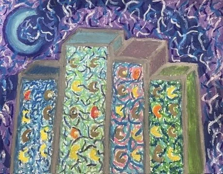 A colorful abstract painting featuring four tall, rectangular structures with vibrant patterns, set against a purple and blue swirling background with a moon in the top left corner.