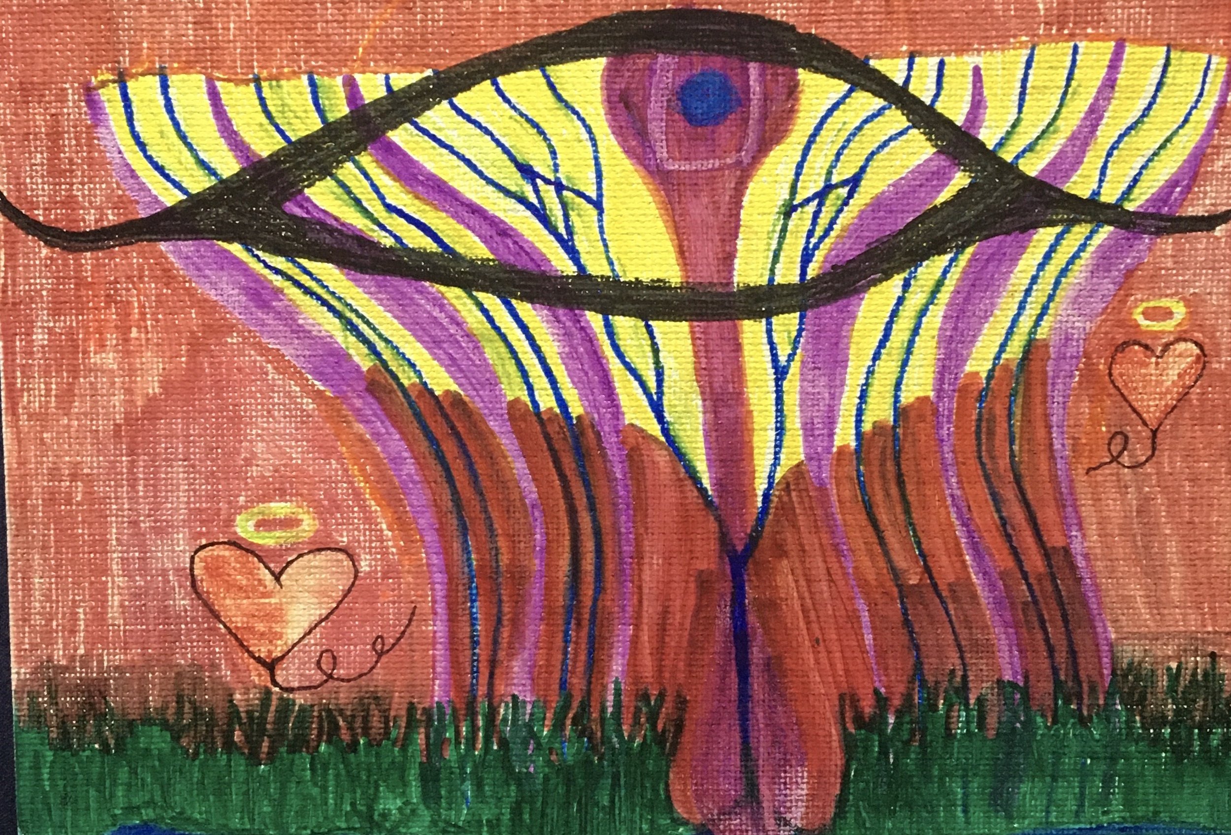 Colorful drawing of an open eye with a rainbow-colored iris, surrounded by yellow, purple, and red lines. The background is textured red with small hearts and the word 'love' written multiple times. The bottom has green grass with colorful flowers.