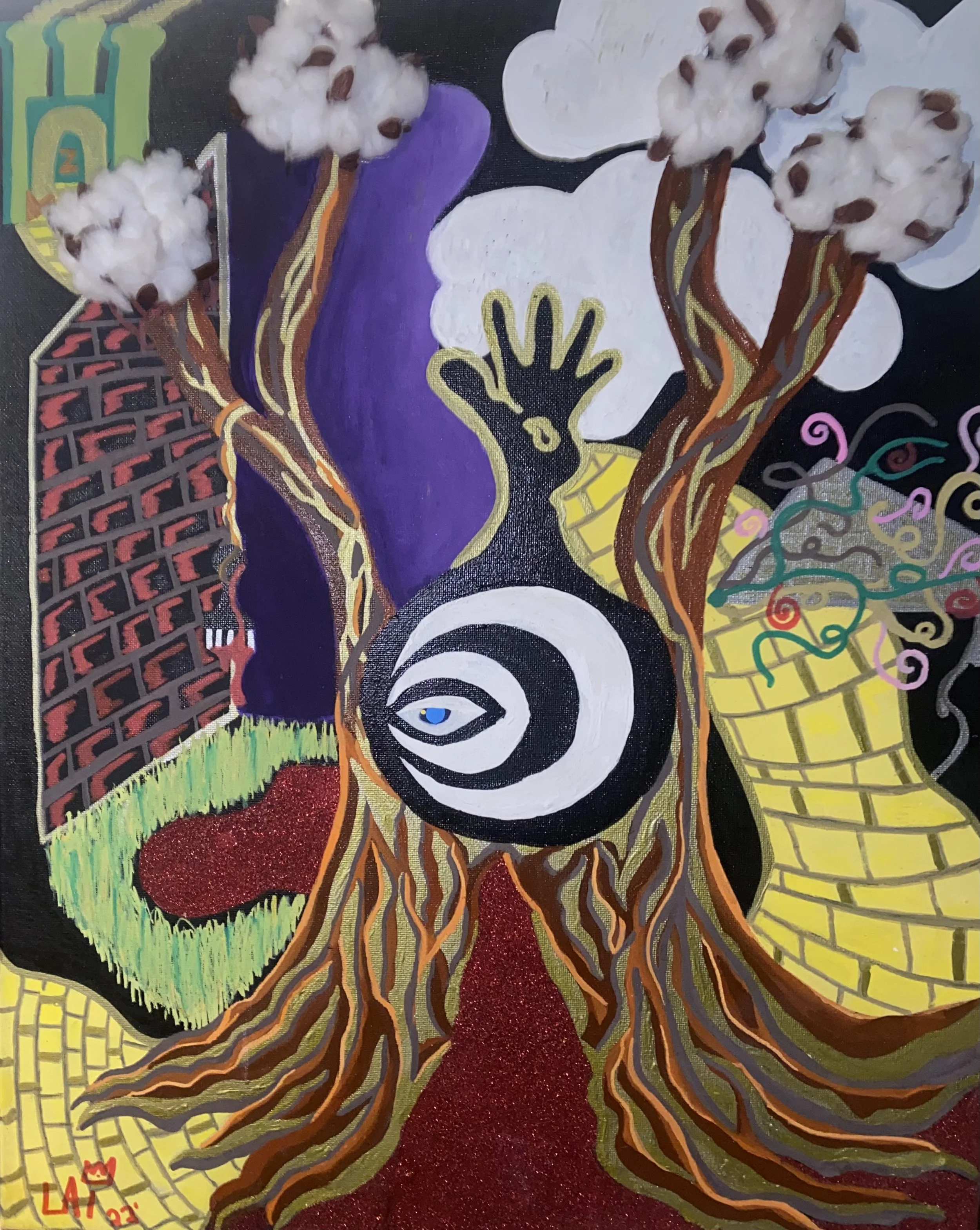 Abstract painting featuring swirling patterns, vibrant colors, cotton boll textures, an eye symbol, a crown, and stylized shapes in a surreal style.