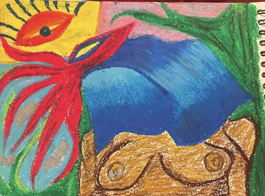 Colorful drawing of a woman with dark hair, wearing a blue top, lying on the grass with a large red flower near her head. The scene includes a smiling sun in the sky, and the background features pink, green, and yellow colors. The drawing is made wit