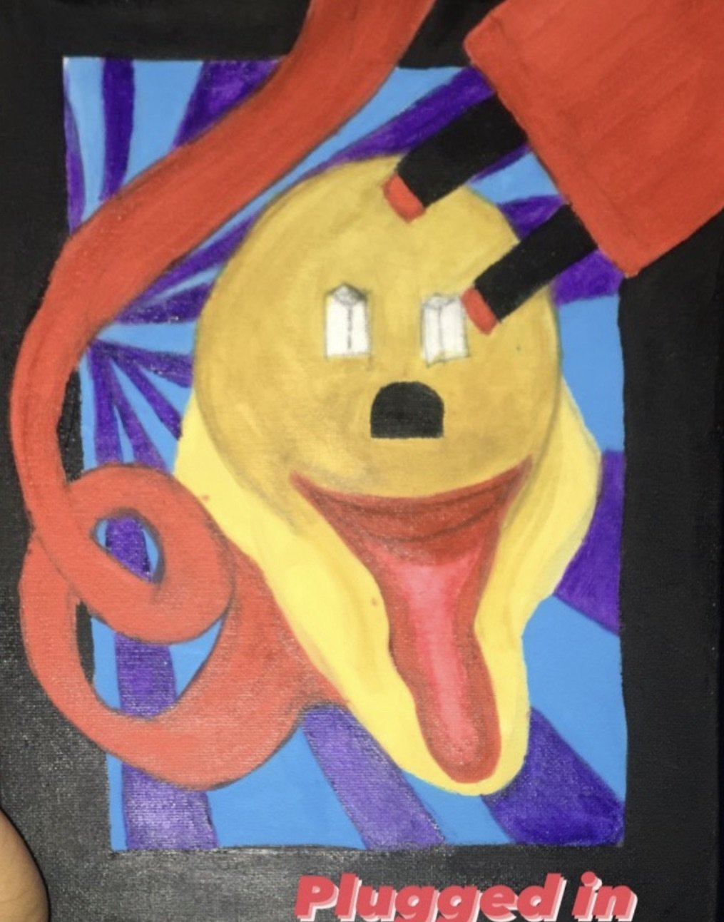 Colorful drawing of a yellow face with exaggerated open mouth, surrounded by red and orange shapes, with two windows as eyes and a black open mouth, on a blue and purple background.