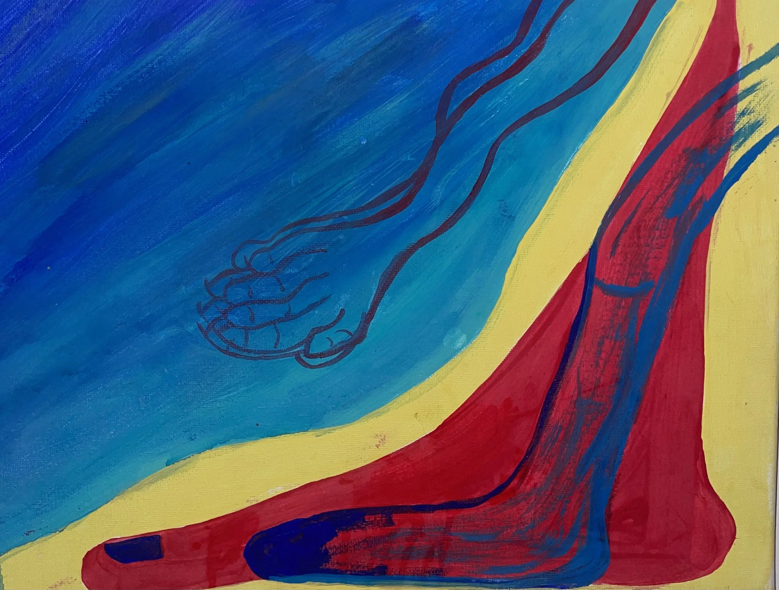 A colorful abstract painting with vibrant blue, yellow, red, and green areas, with faint black lines and a small, simple drawing of a hand over the blue area.
