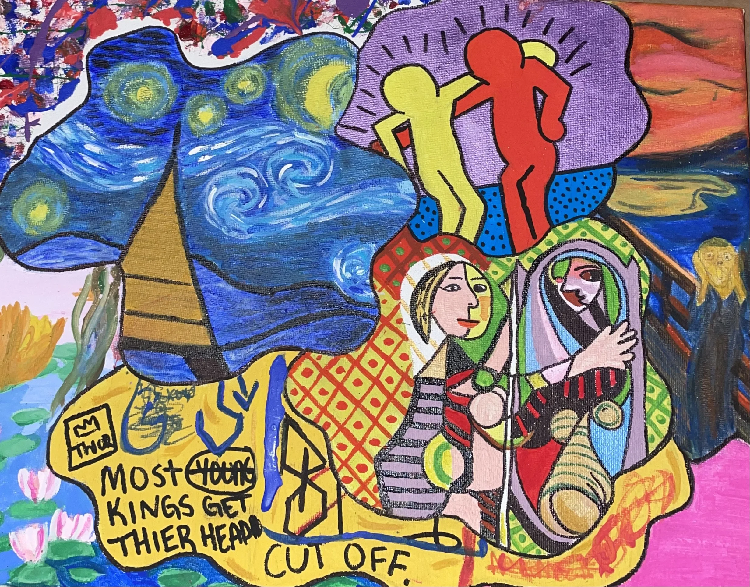 Bright and colorful painting depicting two figures in an abstract style. One figure in yellow and another in red are hugging inside a purple cloud with lines radiating from their heads. To the left, swirling blue shapes resemble water or sky, with st