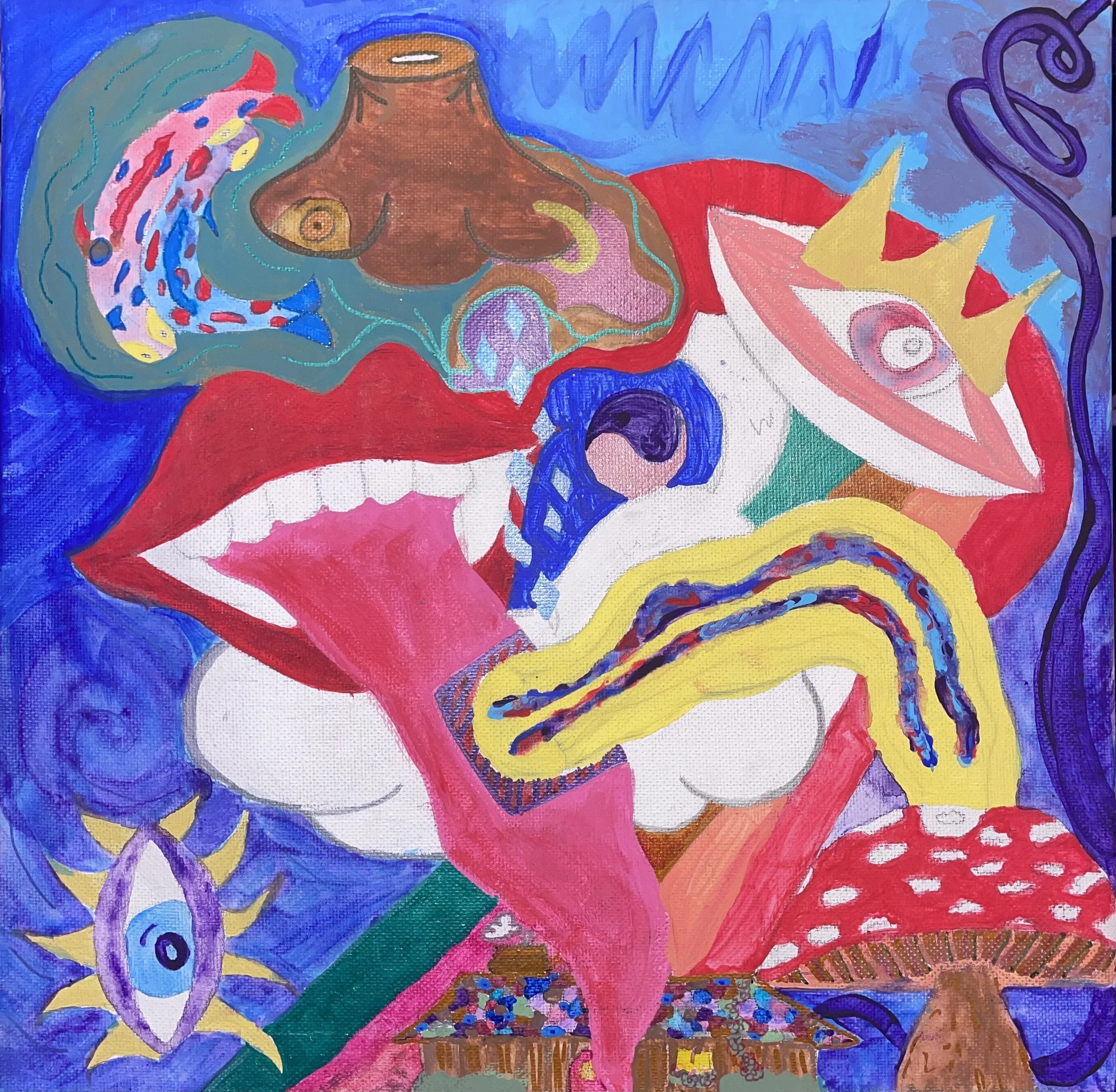 Colorful abstract painting featuring a woman with flowing hair, a crown, and vibrant patterns in pink, purple, yellow, blue, and green.