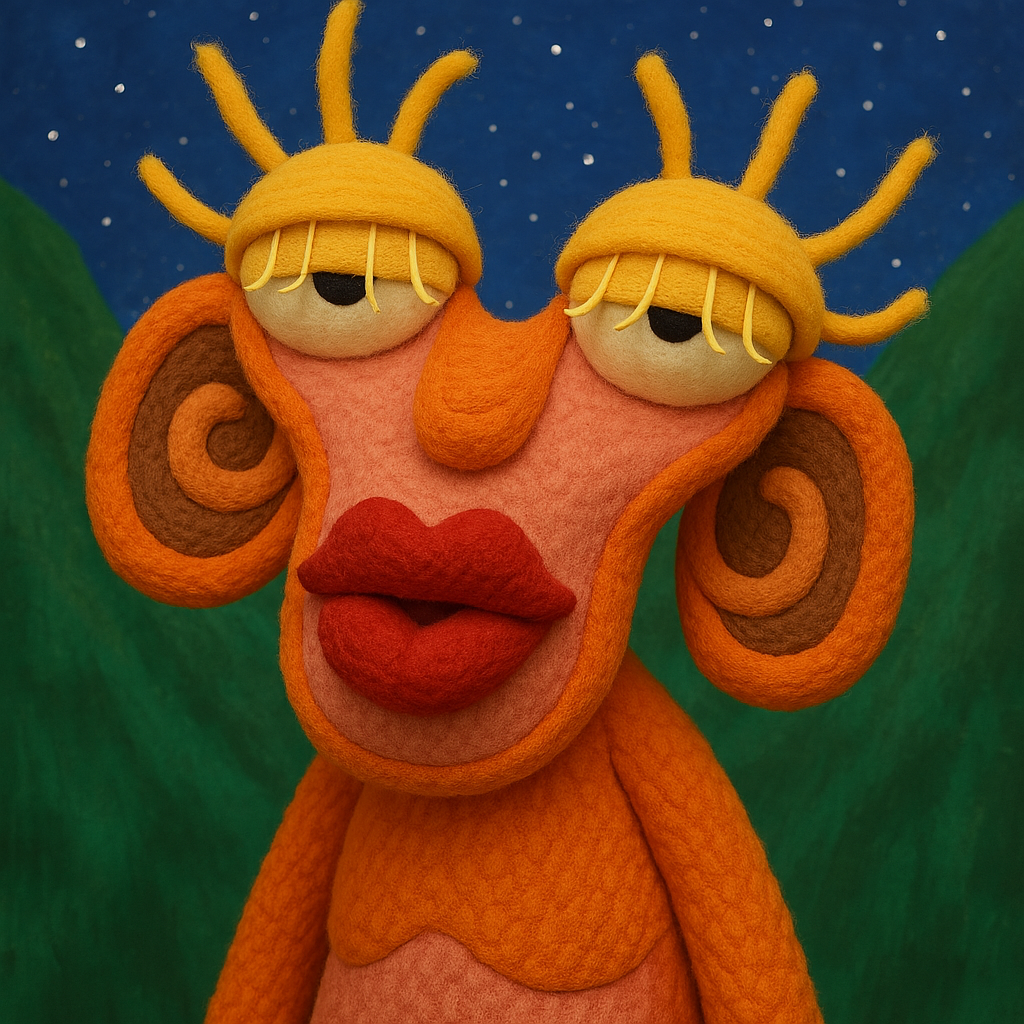 A colorful puppet with a peach face, large red lips, closed eyes covered with yellow hair strands, and spiral orange and brown ears. It is set against a background of green hills and a dark blue starry sky.