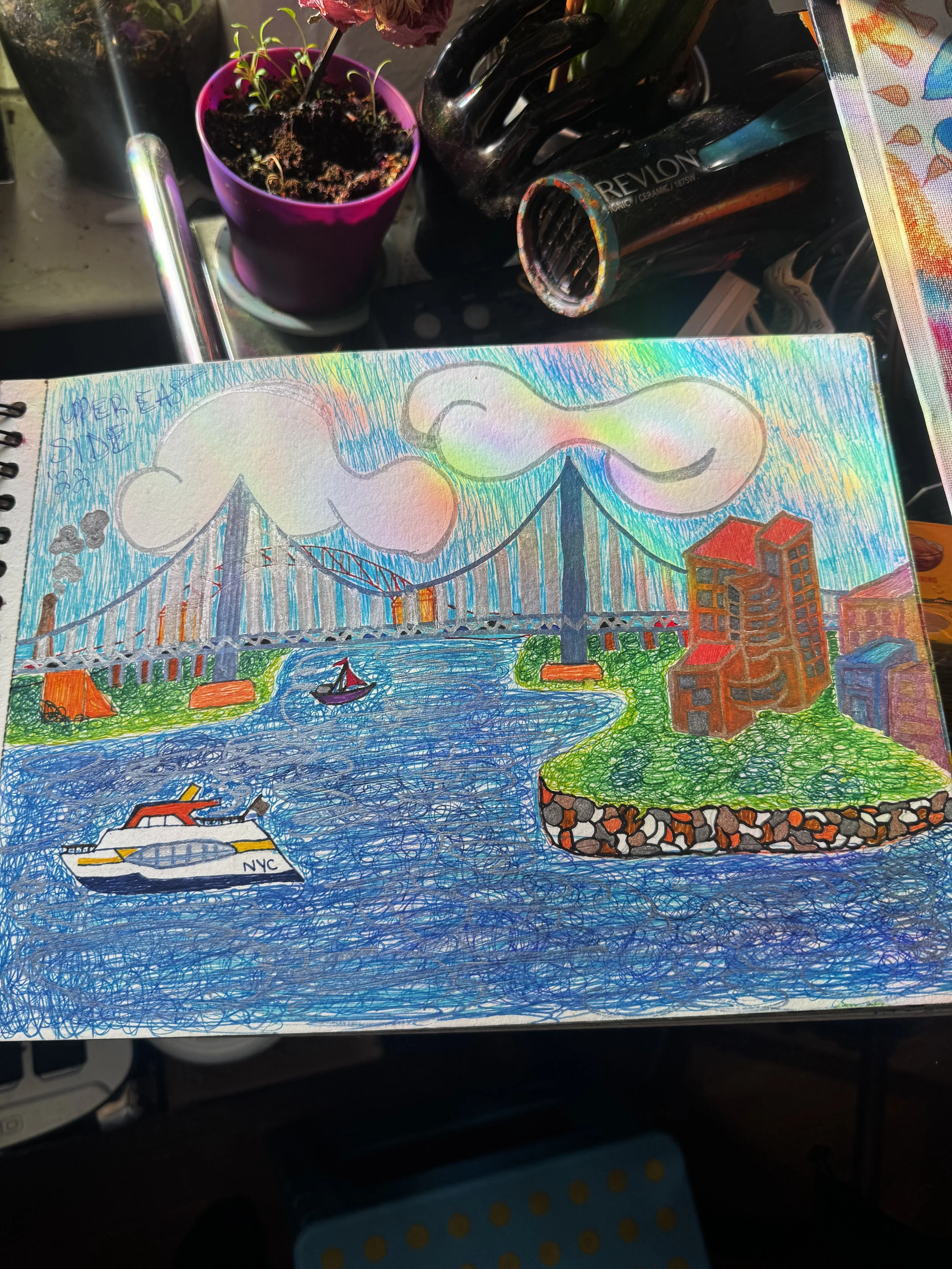 Colorful drawing of a bridge spanning a river, with buildings, trees, a boat, and a boat docked near the shore, and the words "WHERE EAST SIDE" written at the top left corner.