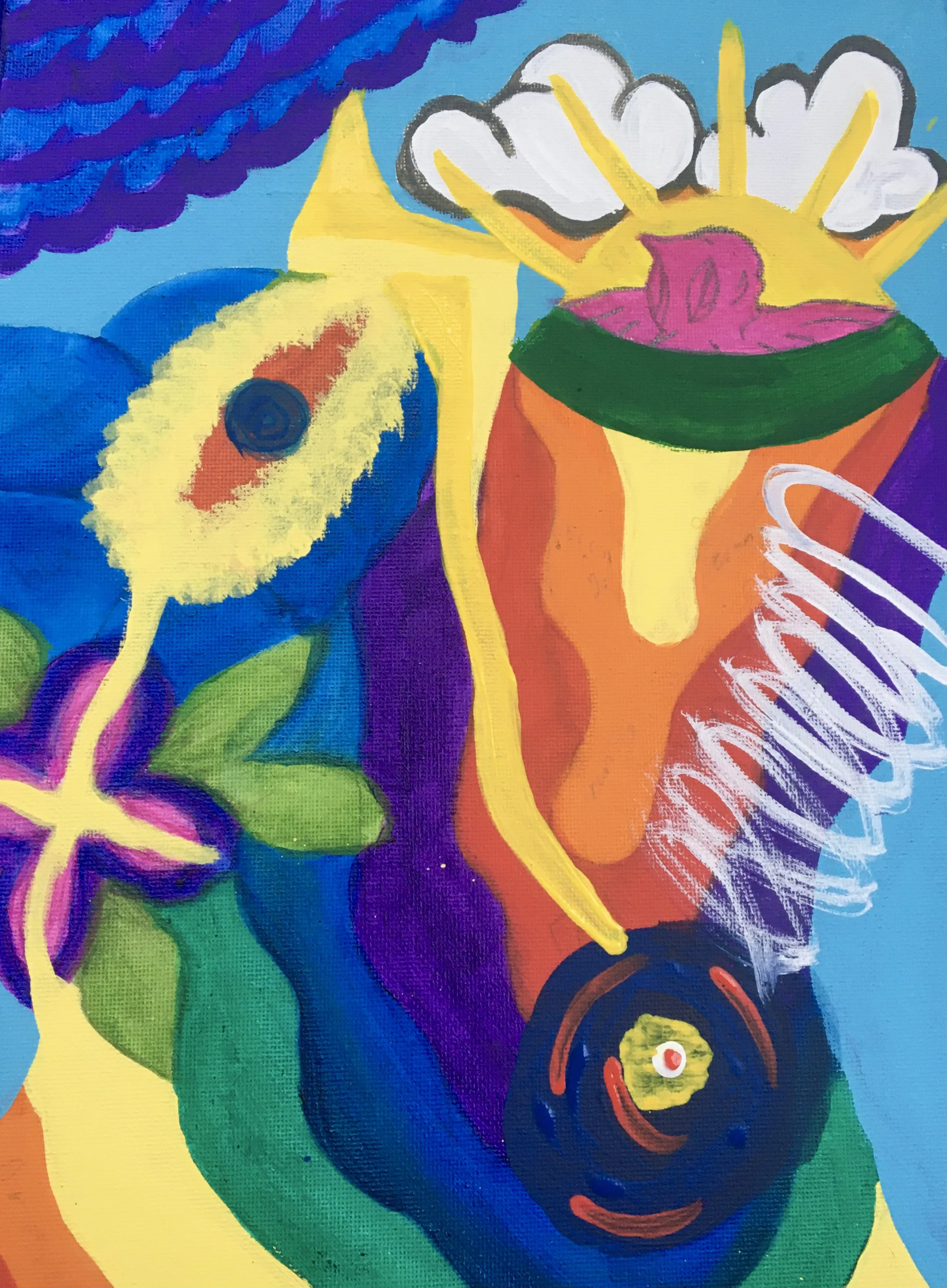 Colorful abstract painting with a yellow sun, clouds, a banana, a kiwi, and a face-like figure, using vivid bright colors and bold brushstrokes.