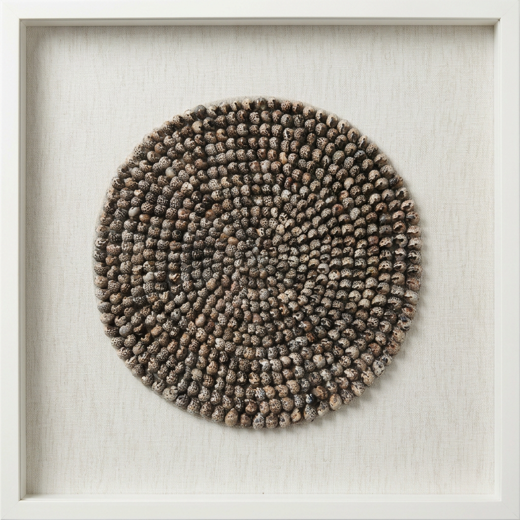 Intricately constructed artwork featuring hand sanded lineated cominella shells, found in South Gippsland and lovingly made on Phillip Island.