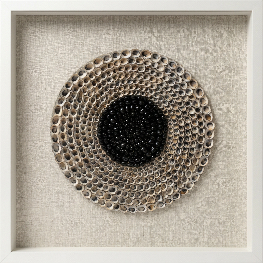Shell art formed with native Australian black nerite shells, paired with tall, ribbed limpets shells from Bass Coast.