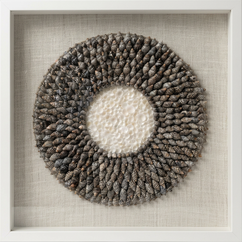 A circular art piece with a center of white shells surrounded by a ring of pinecone scales, all framed in a white square frame.