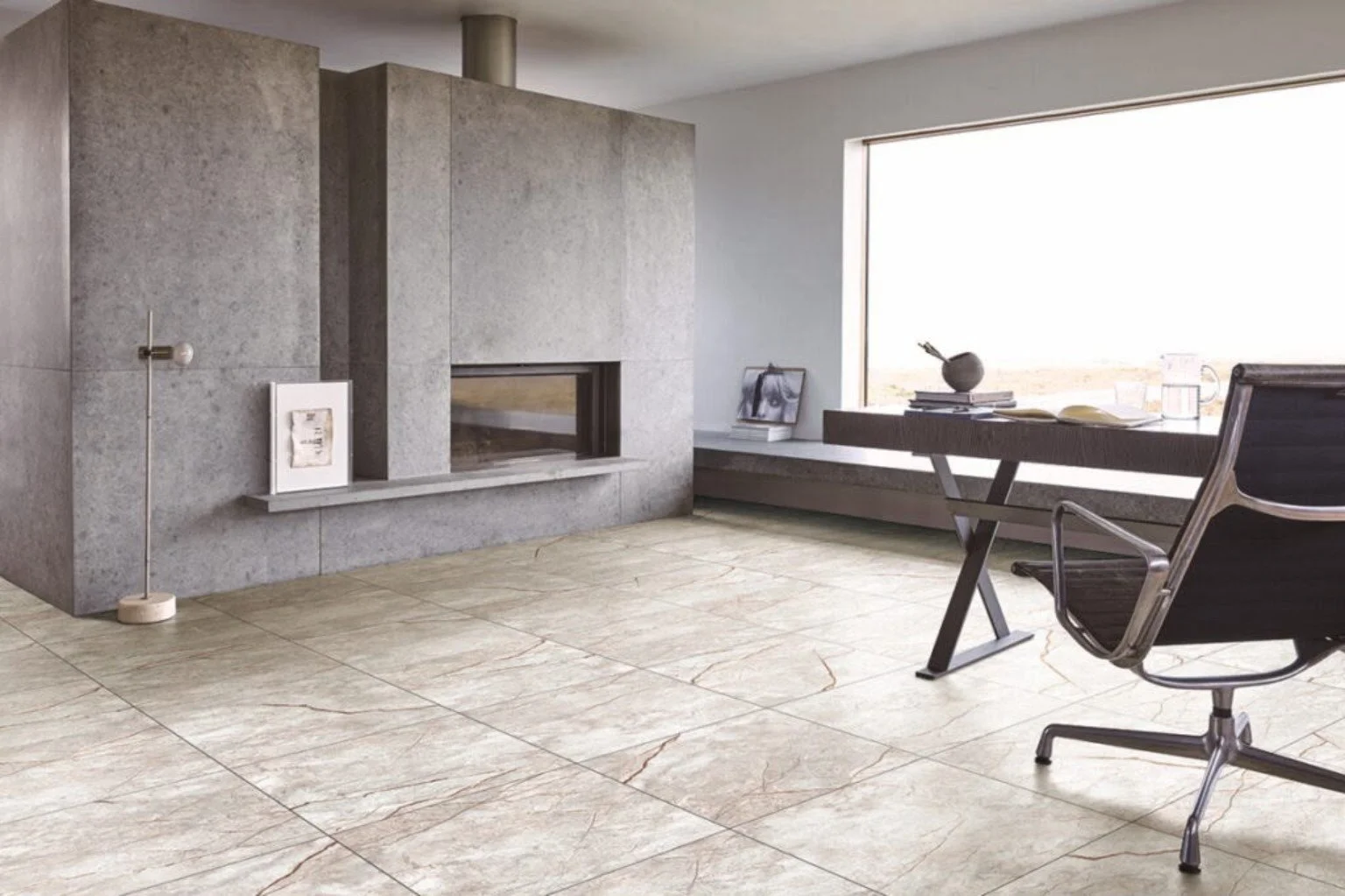 Large-format stone-look tile flooring in a bright contemporary room.