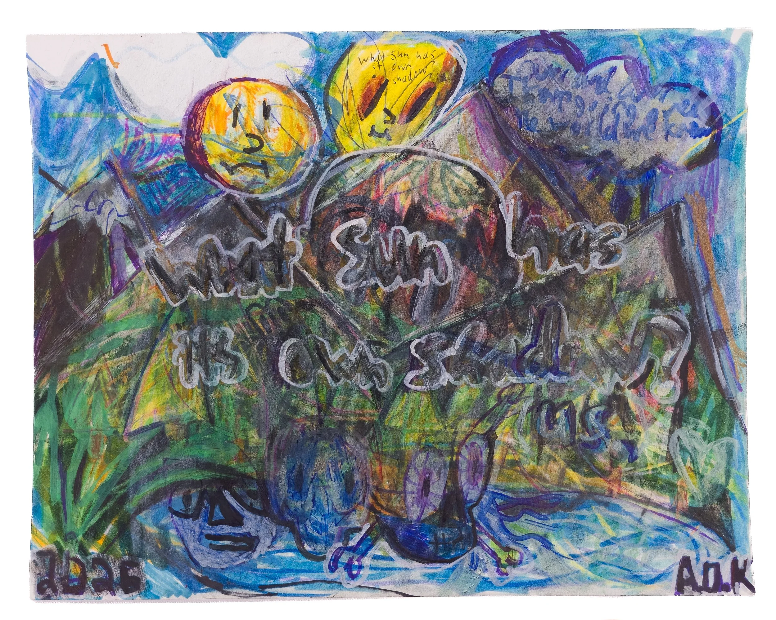 What sun has its own shadow?, 2026, mixed media on mixed media paper, 14"x 11" (A)