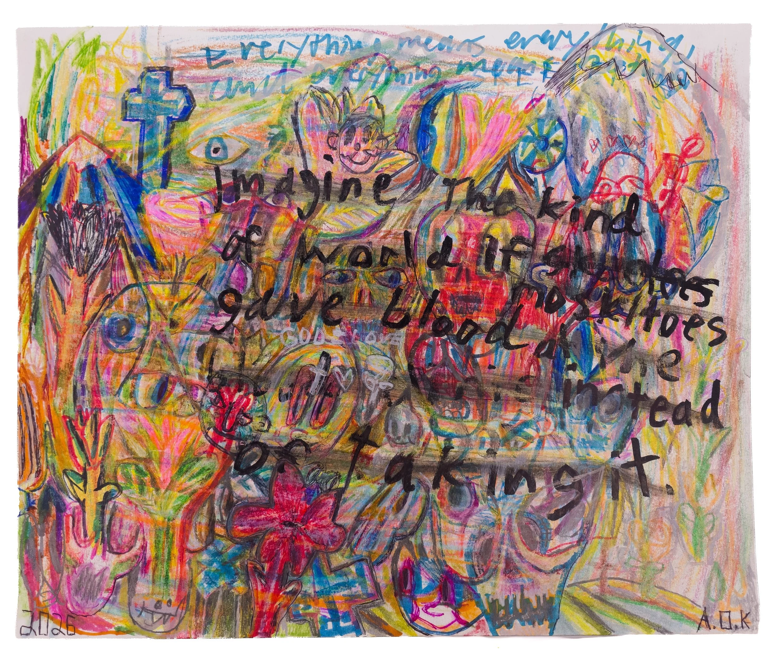 Imagine the kind of world if moskitoes gave blood instead of taking it, 2026, mixed media on mixed media paper, 17"x 14" (A)
