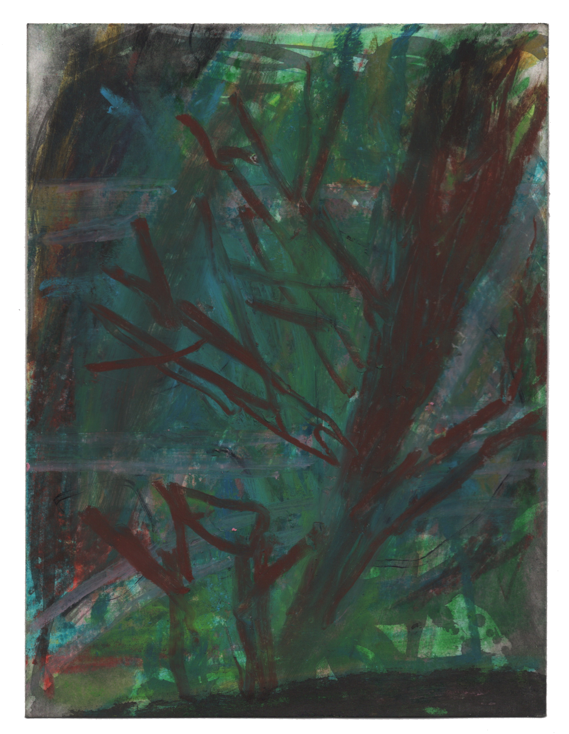 Treed out Dawg, 2025, mixed media on mixed media paper, 6"x 8" $300