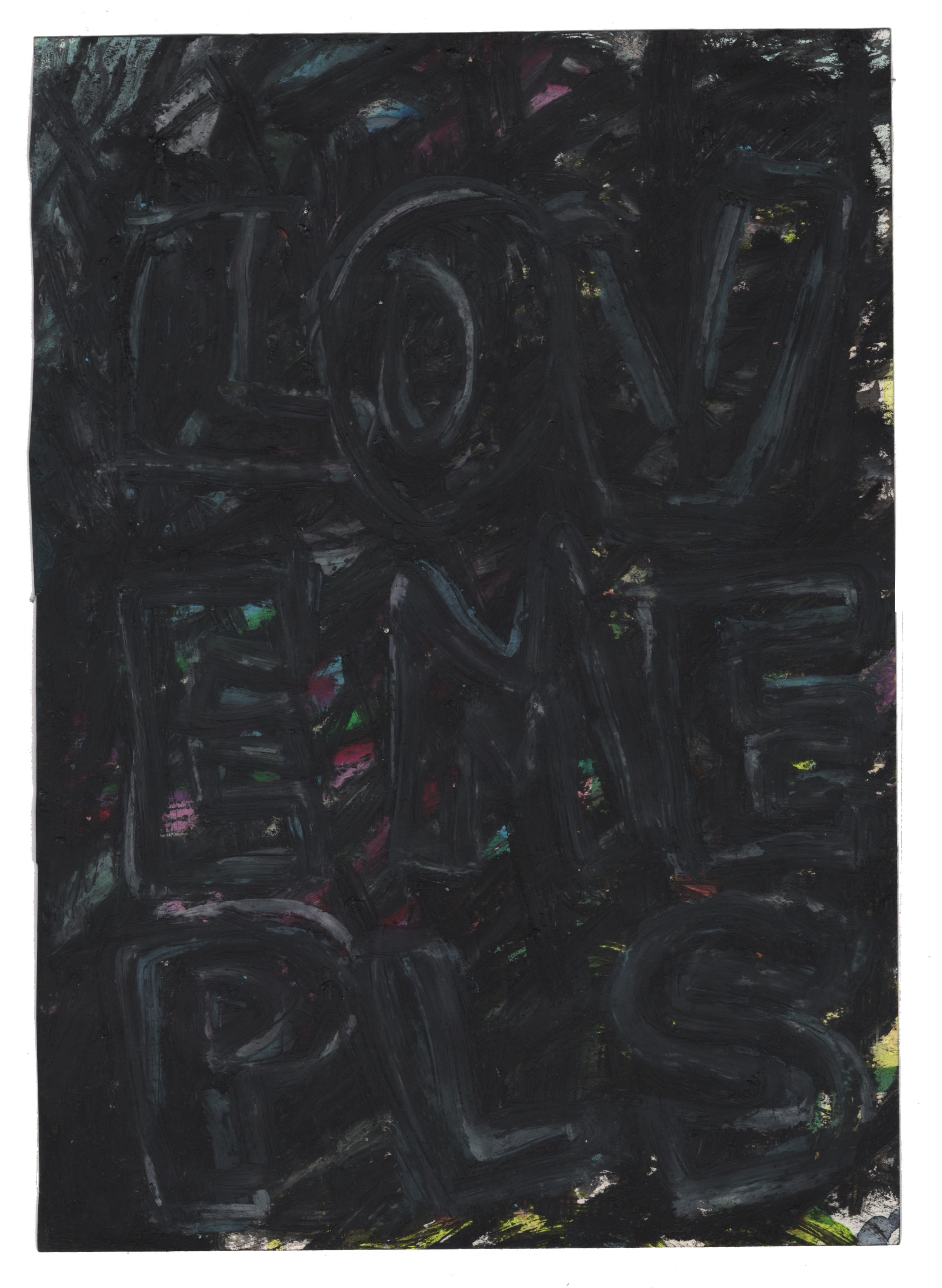 Lovemepls, 2023, oil pastel, crayon, gouache, India ink on media paper, 8"x 11.5"